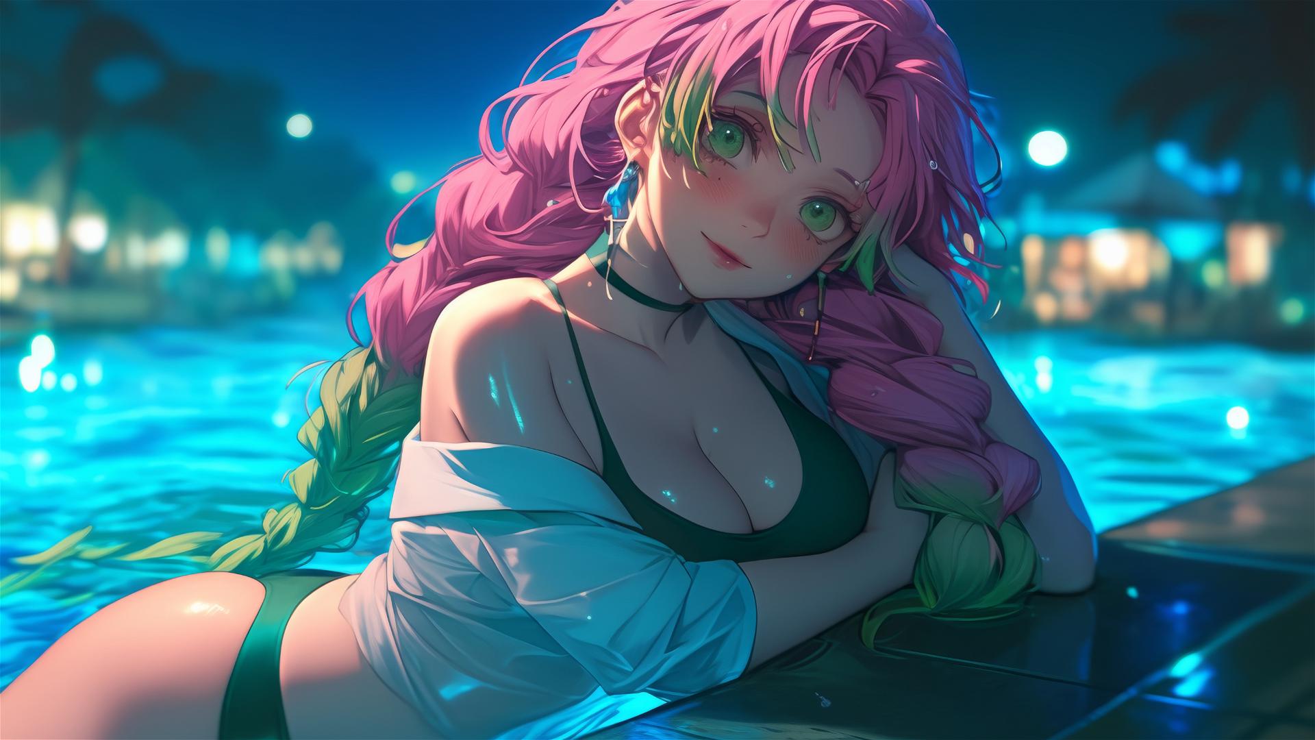 Mitsuri Kanroji resting by a rainy swimming pool under moonlight