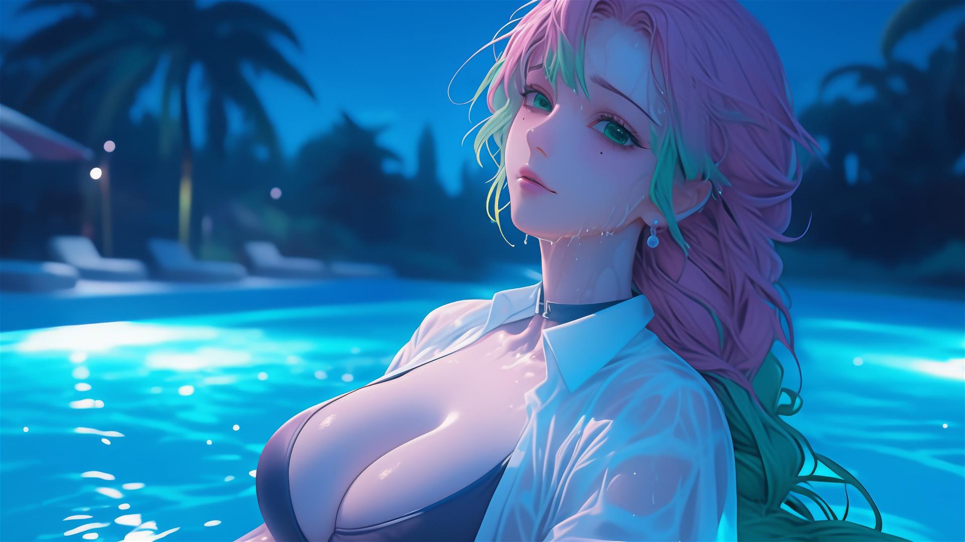 Mitsuri Kanroji from Demon Slayer resting by a rainy swimming pool illuminated by moonlight