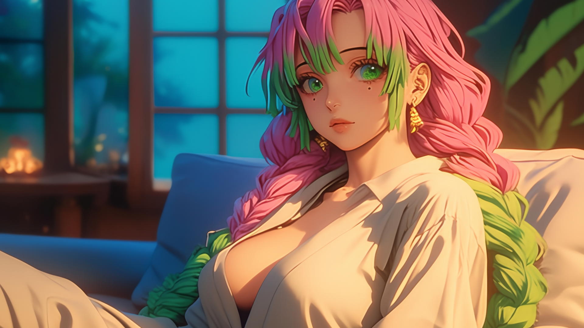 Mitsuri Kanroji resting in a modern hotel room with moonlight.