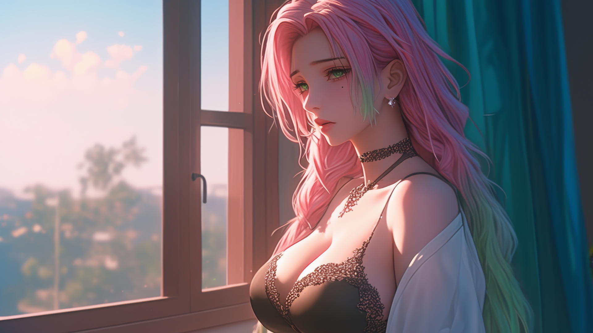 Mitsuri Kanroji from Demon Slayer standing by modern apartment window at sunrise