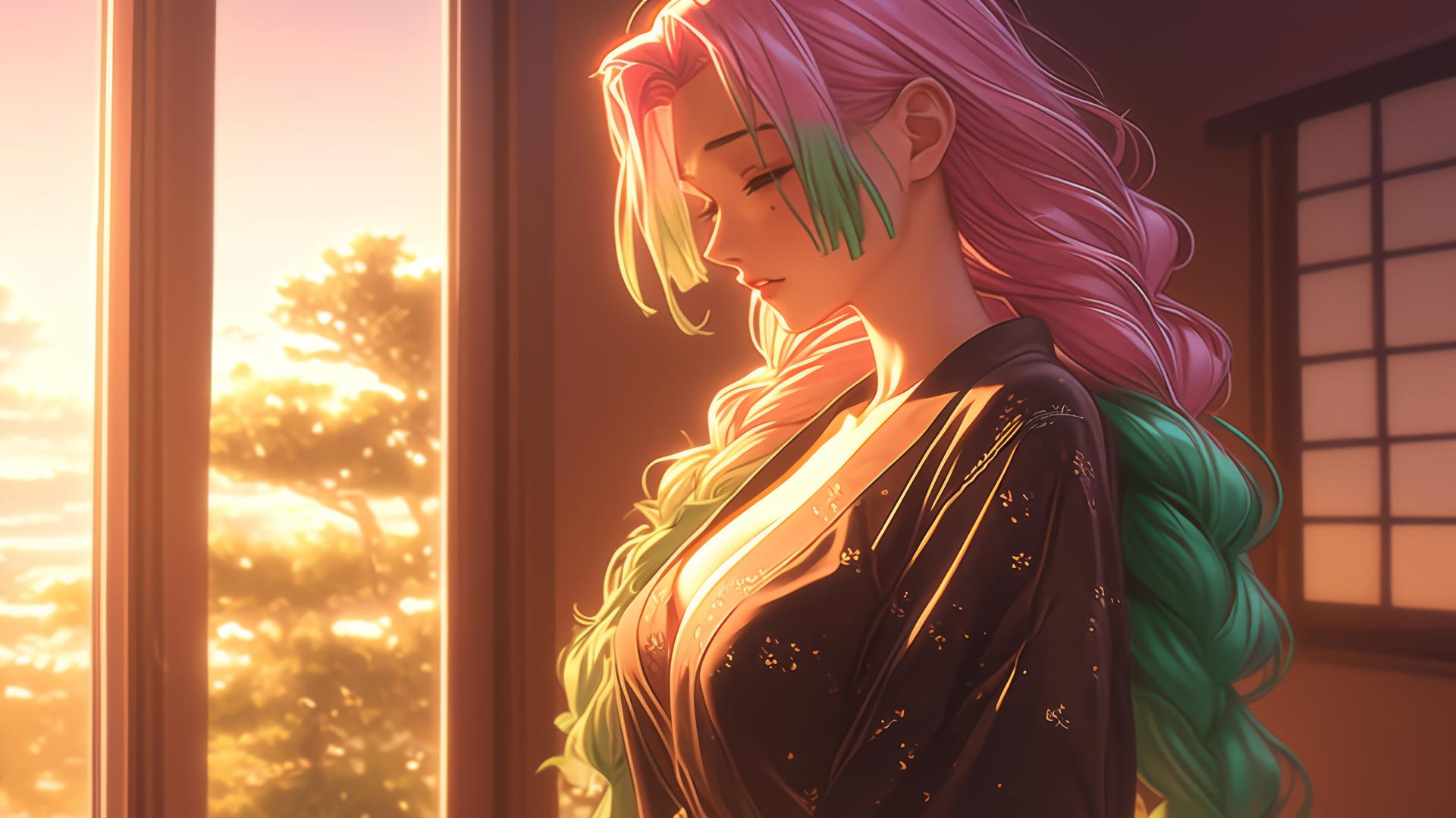 Mitsuri Kanroji from Demon Slayer standing by modern apartment window at sunrise