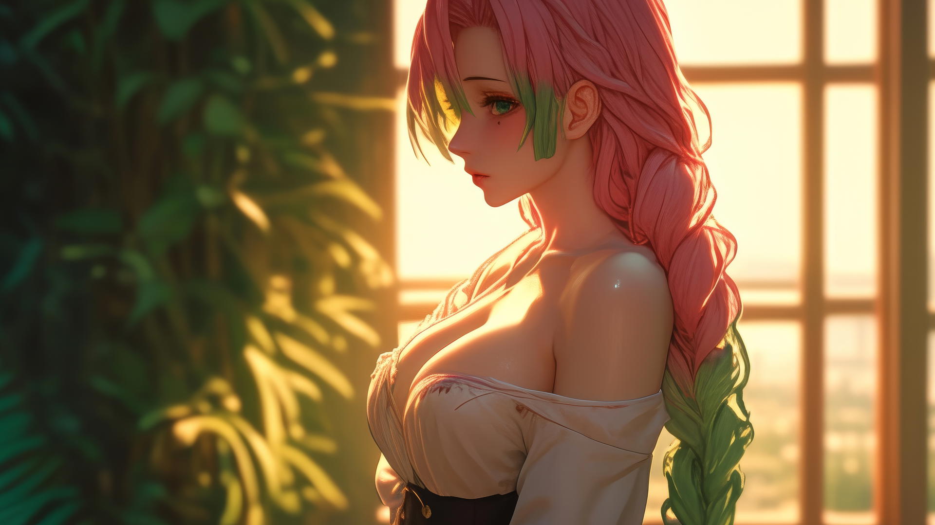 Mitsuri Kanroji by a modern apartment window at sunrise, hair fading pink to lime green.