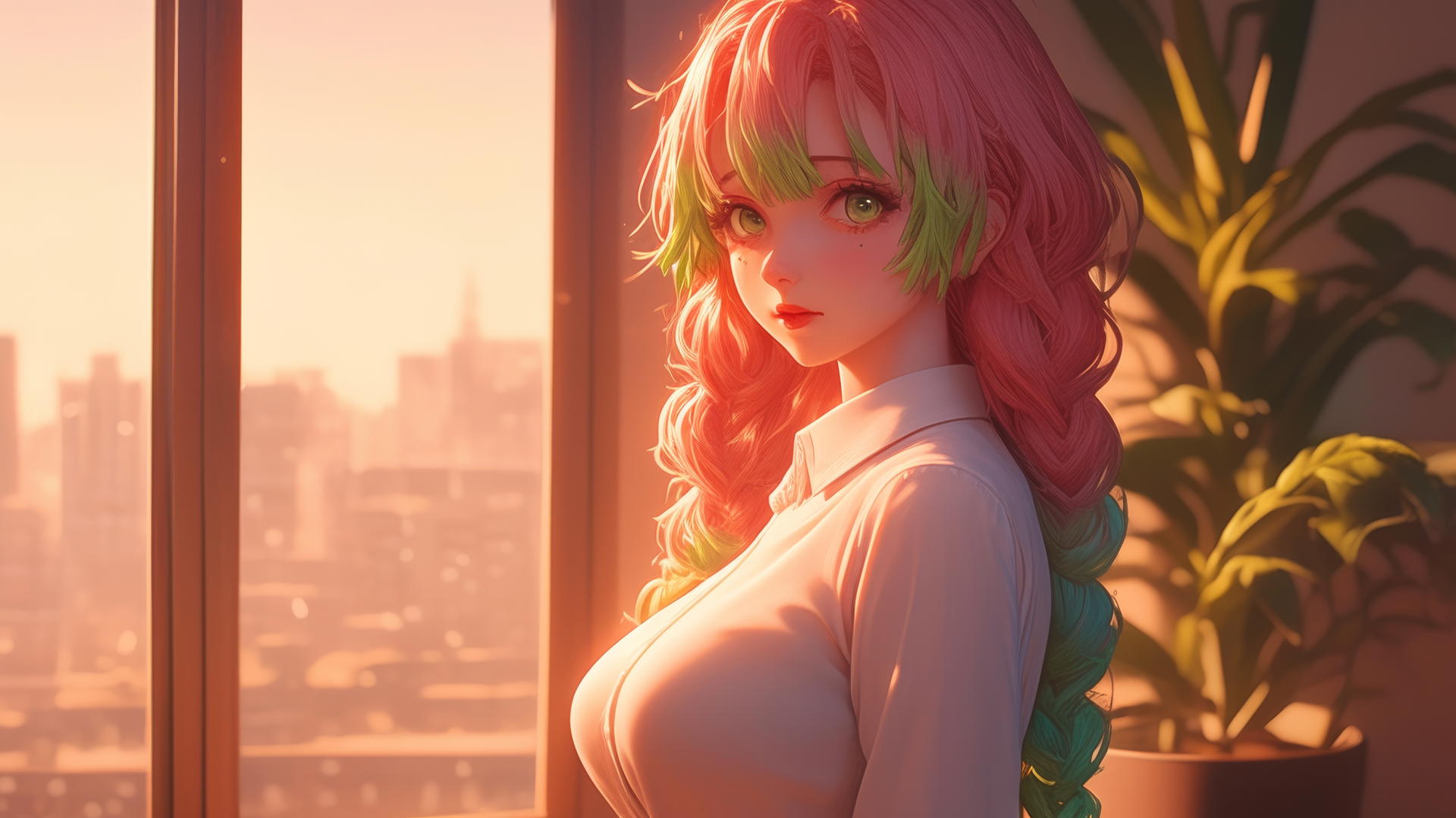 Mitsuri Kanroji standing by a modern apartment window at sunrise with warm light casting a soft glow on her figure, light pink hair fading into lime green.