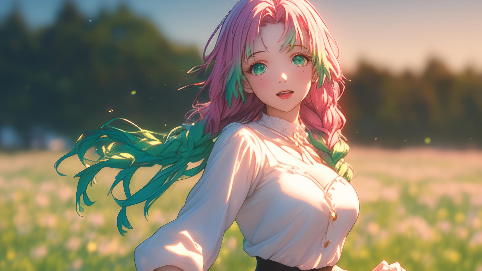 Mitsuri Kanroji from Demon Slayer runs in a quiet modern park at sunrise.