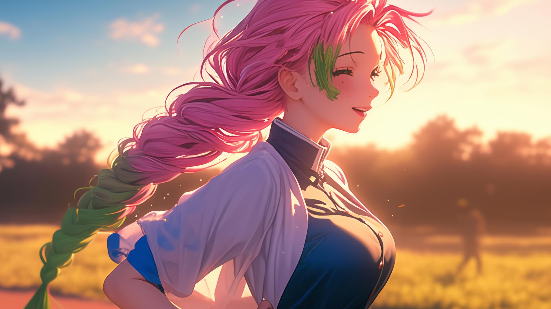 Mitsuri Kanroji from Demon Slayer running at a modern park at sunrise with pink and green hair.