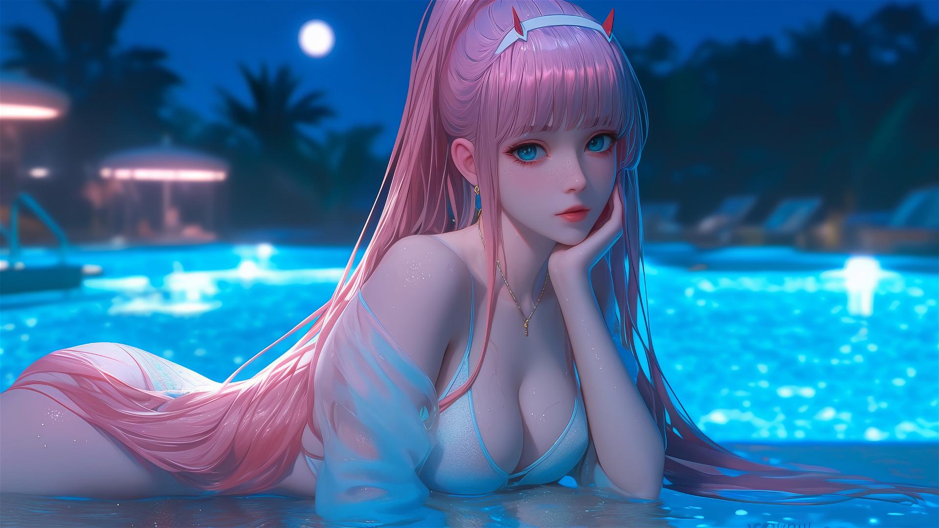 Zero Two from DARLING in the FRANXX resting by a rainy swimming pool with moonlight glow