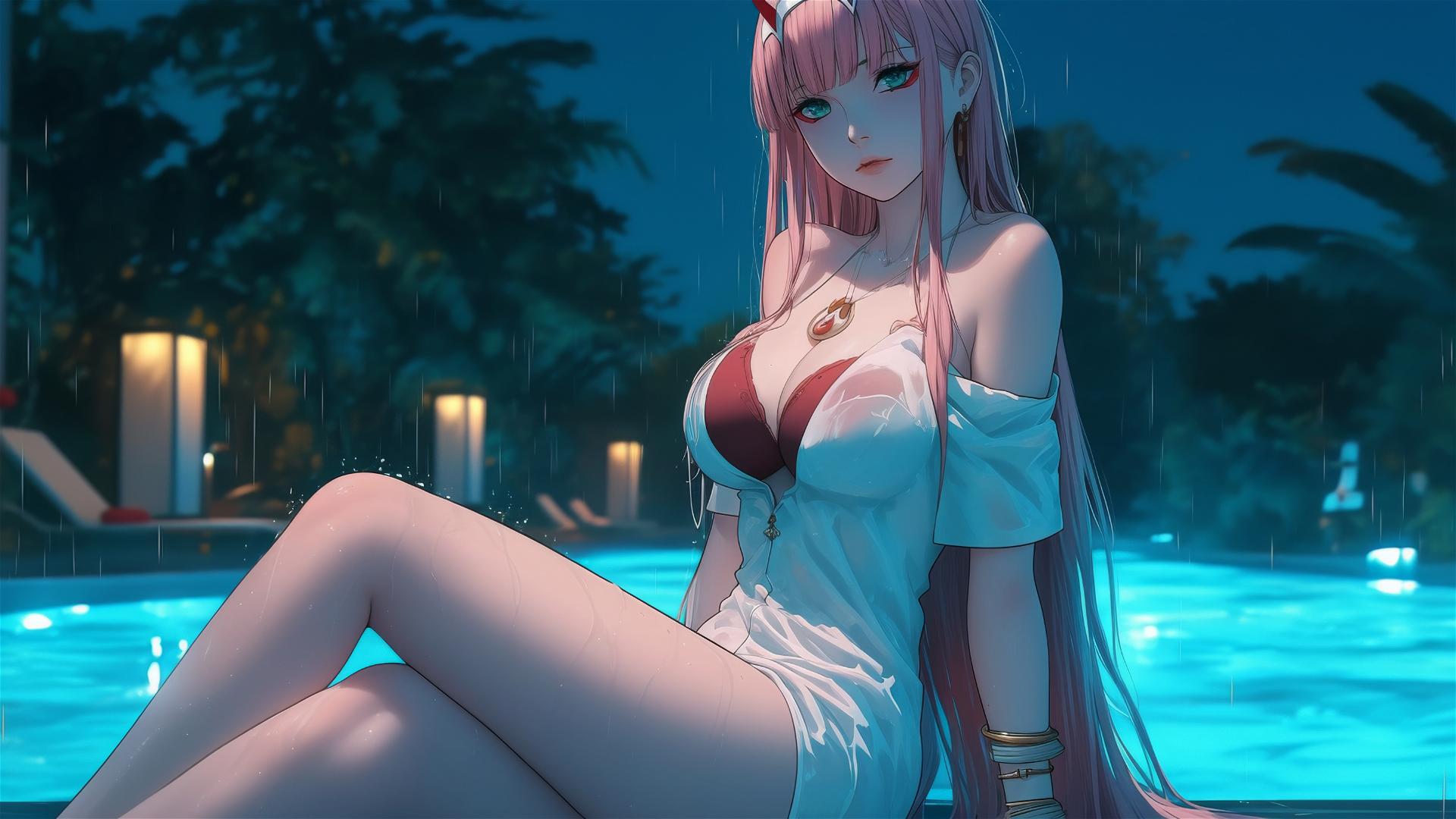 Zero Two from DARLING in the FRANXX resting by a rainy swimming pool illuminated by moonlight.