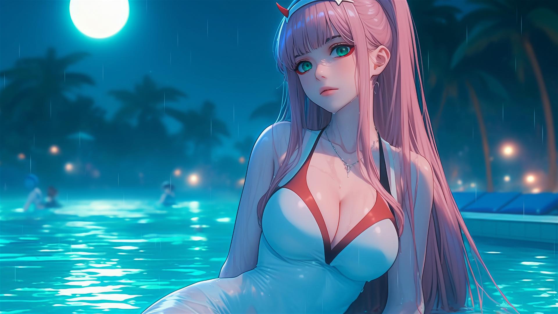 Zero Two from DARLING in the FRANXX resting by a rainy swimming pool, moonlight glow.