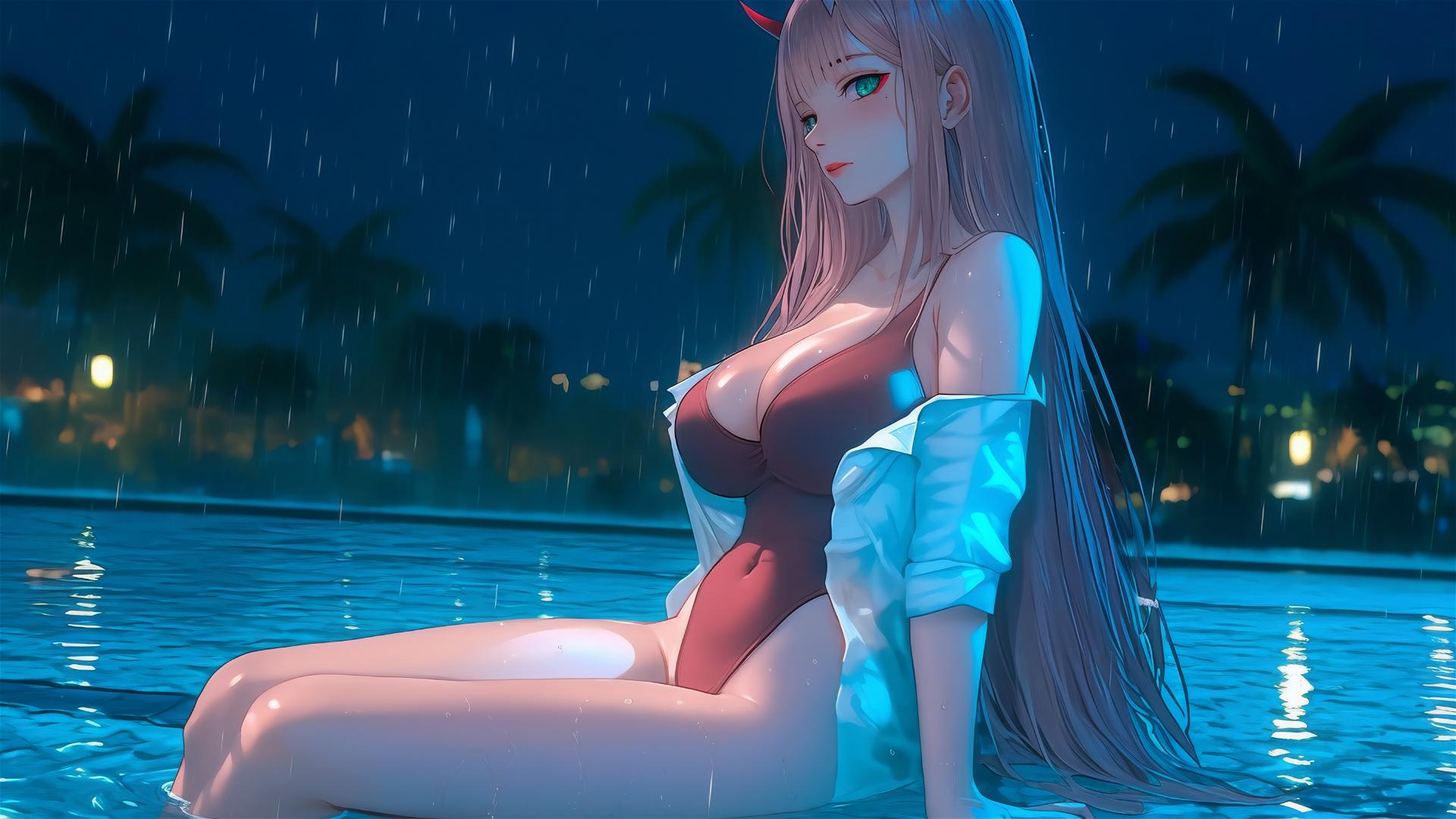 Zero Two from DARLING in the FRANXX rests by a rainy pool, moonlight on her.