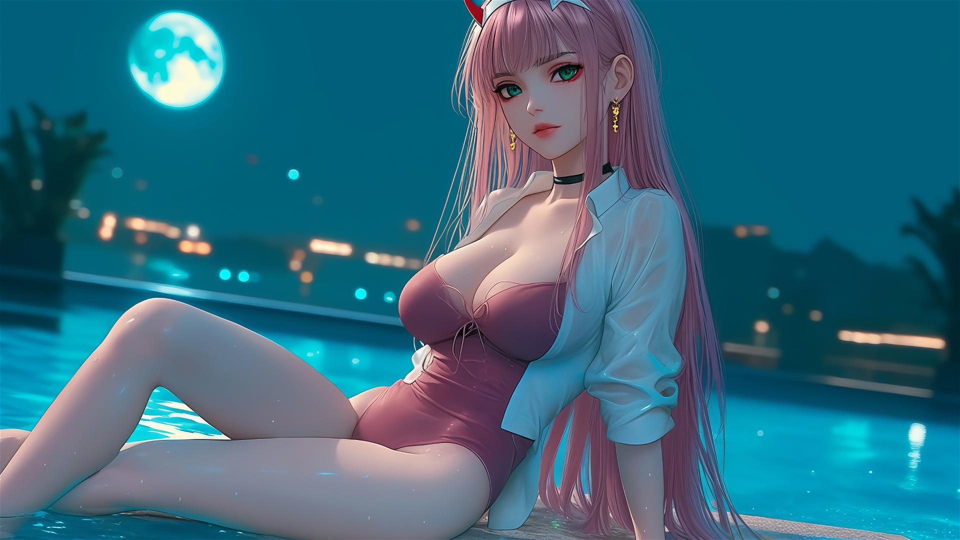 Zero Two from DARLING in the FRANXX resting by a rainy pool under moonlight