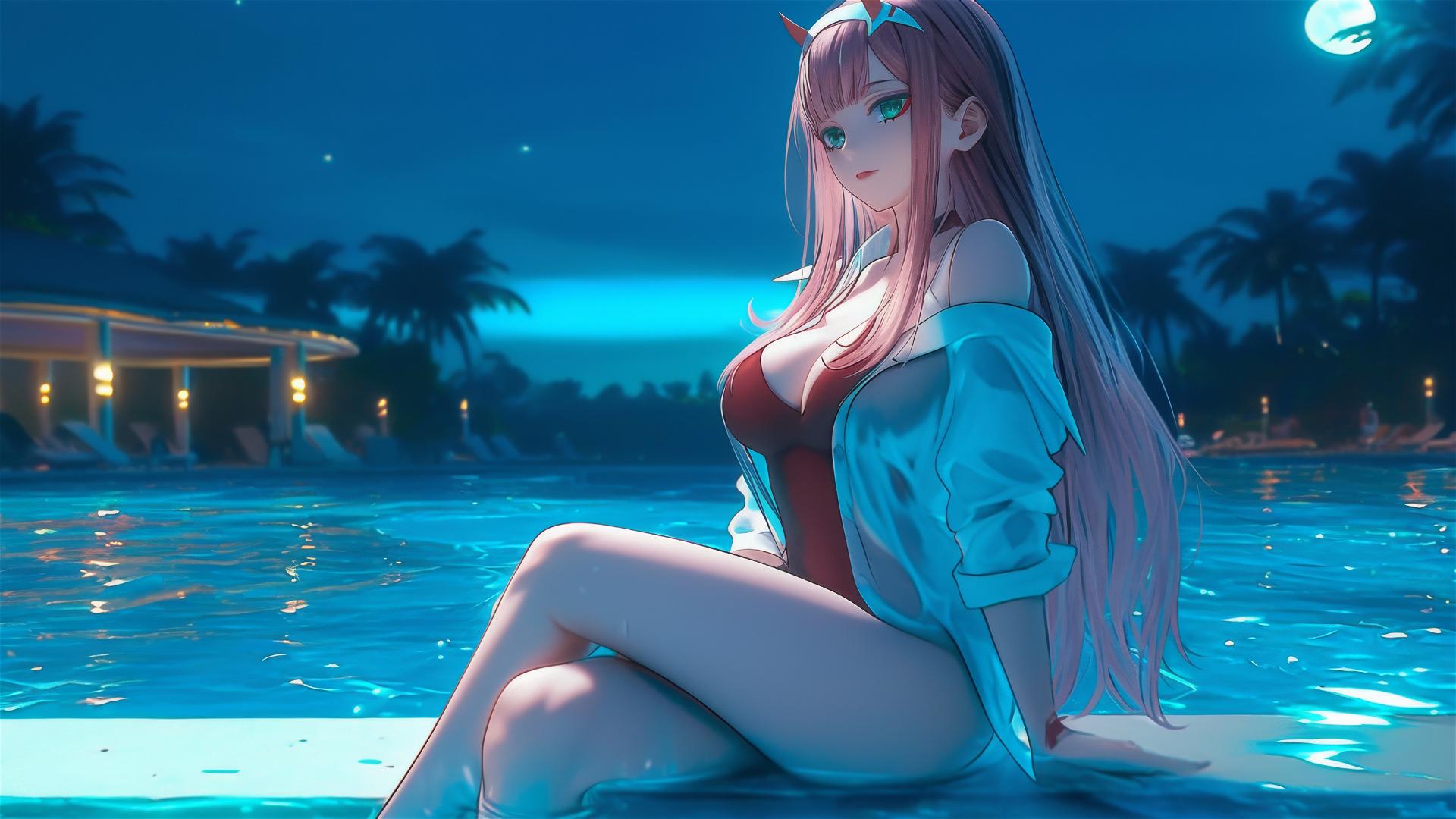 Zero Two from DARLING in the FRANXX resting by a rainy swimming pool in moonlight