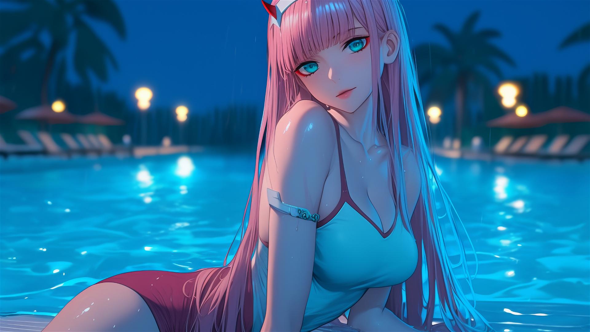 Zero Two from DARLING in the FRANXX resting by rainy swimming pool, moonlit