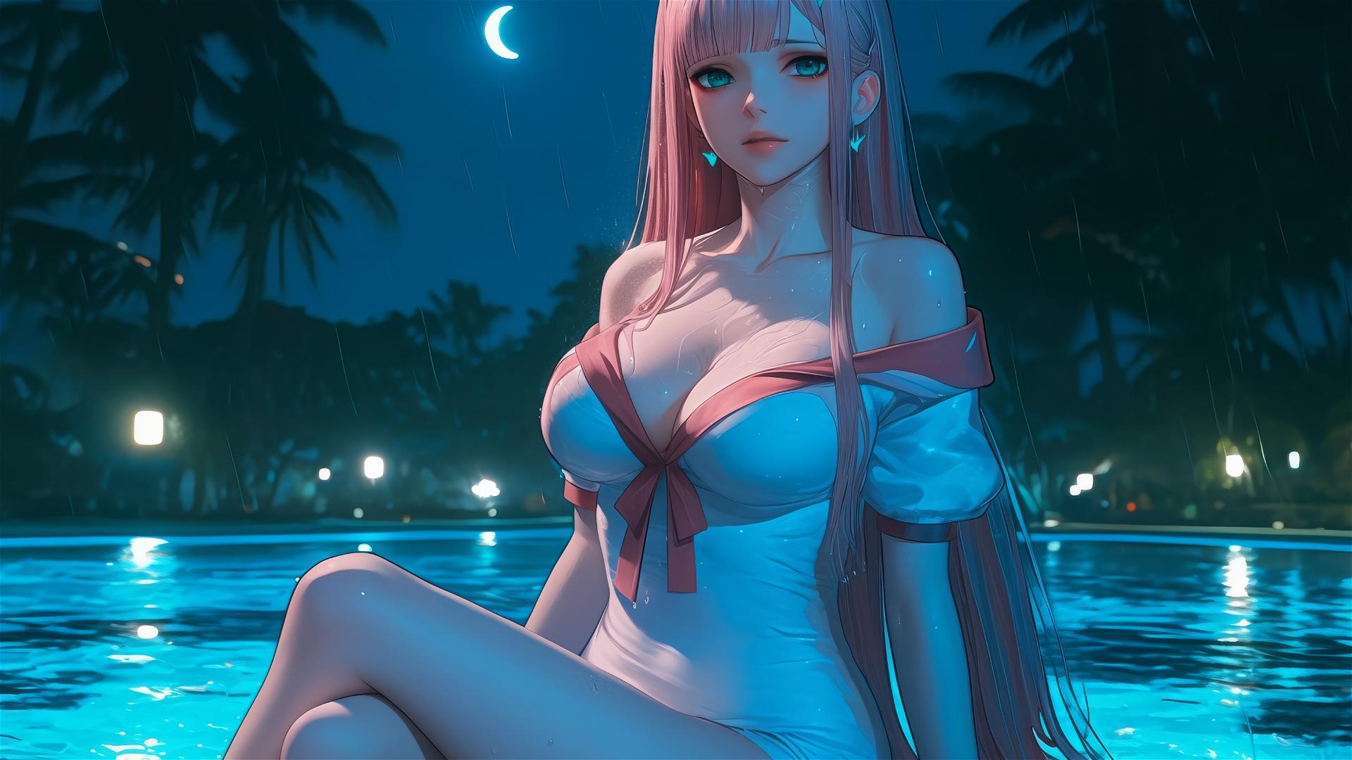 Zero Two from DARLING in the FRANXX resting by a rainy swimming pool with moonglow