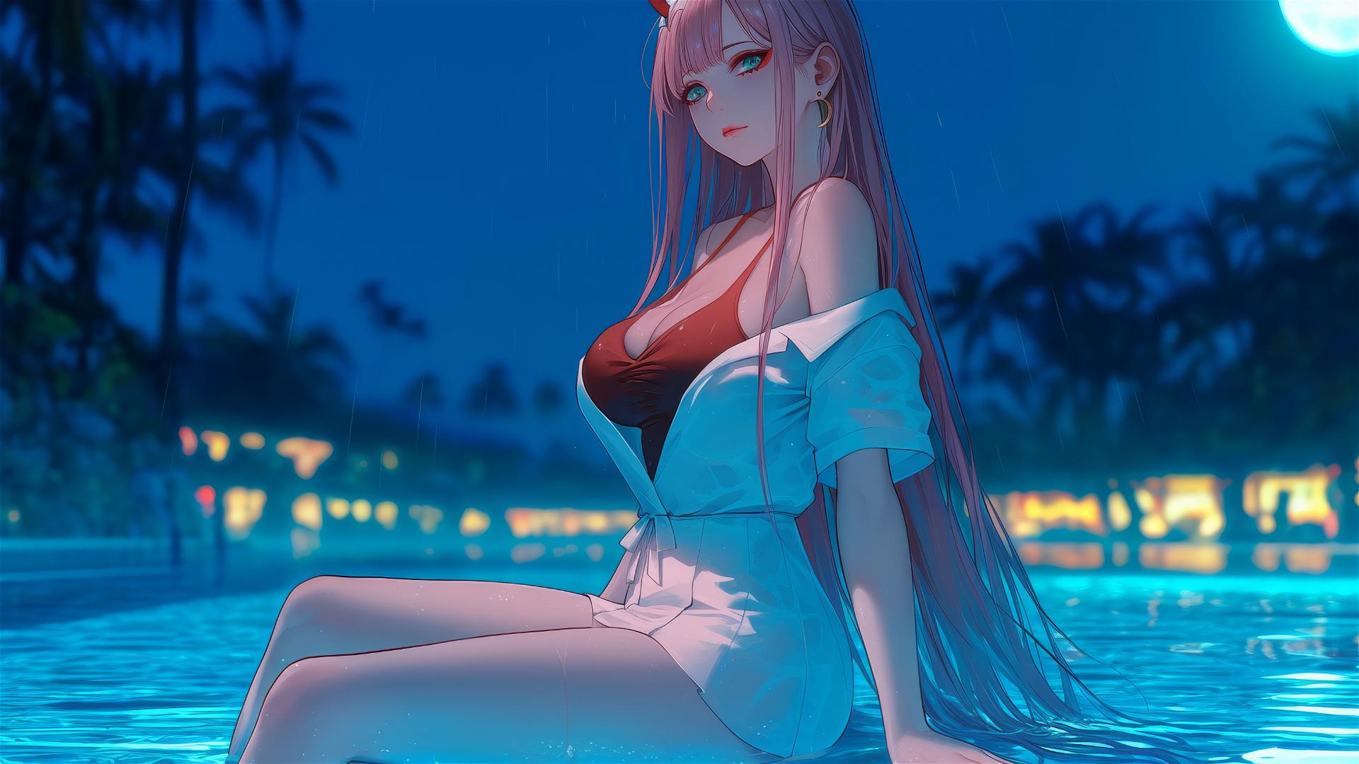 Zero Two from DARLING in the FRANXX resting by a rainy swimming pool, moonlight glow.