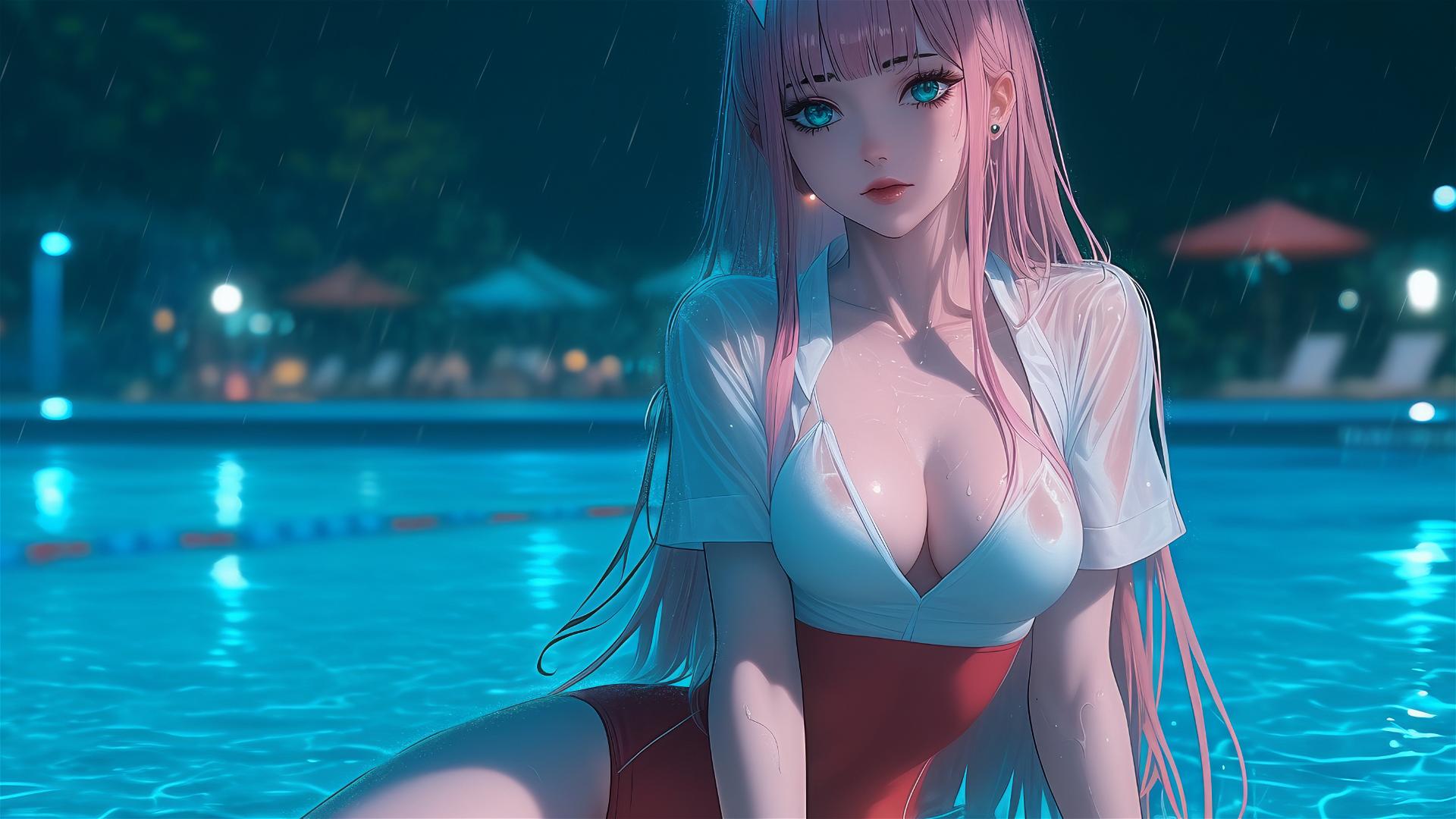 Zero Two from DARLING in the FRANXX resting by a rainy swimming pool under moonlight with long pink hair.