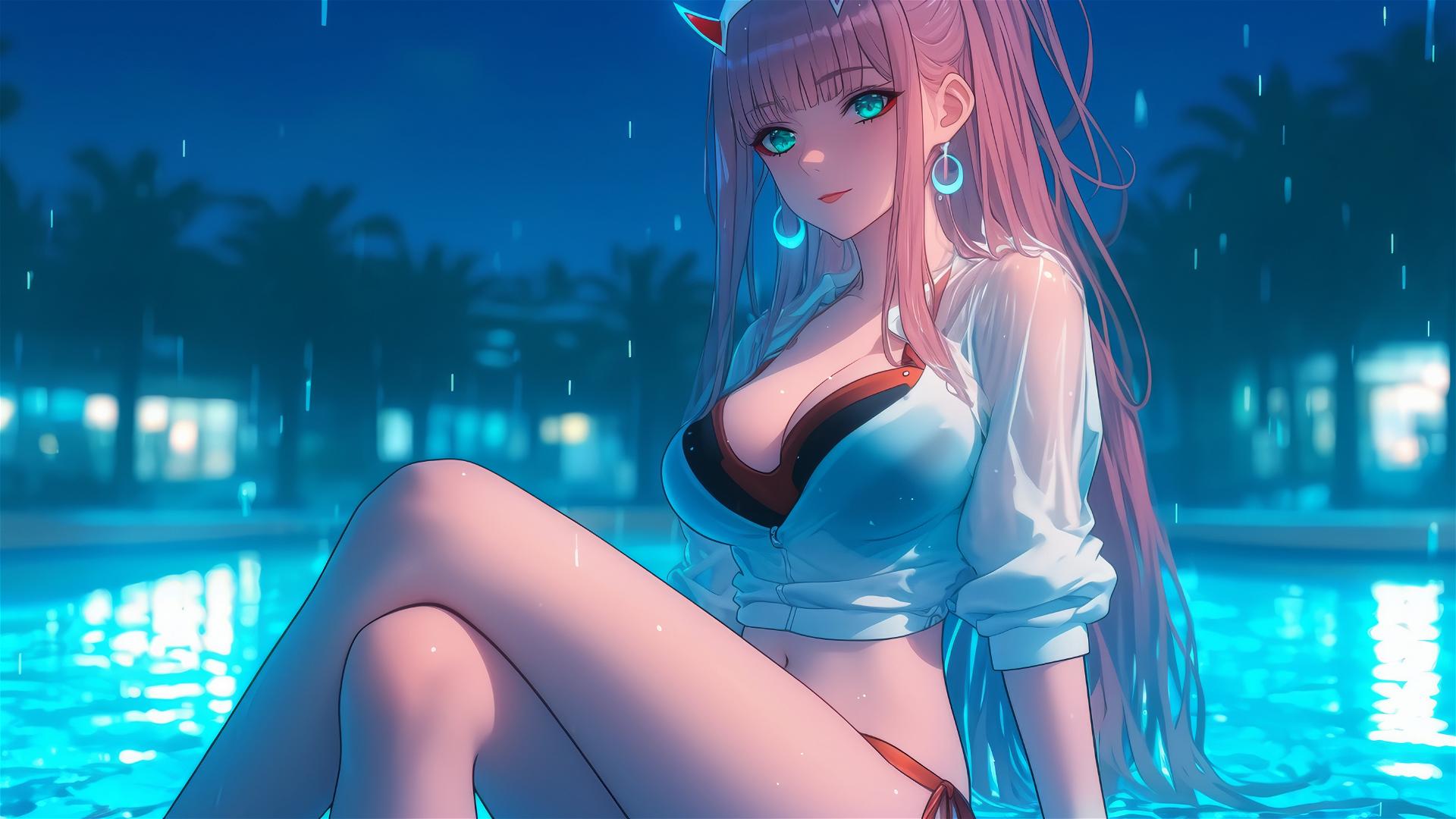 Zero Two from DARLING in the FRANXX resting by a rainy swimming pool under moonlight with long pink hair.