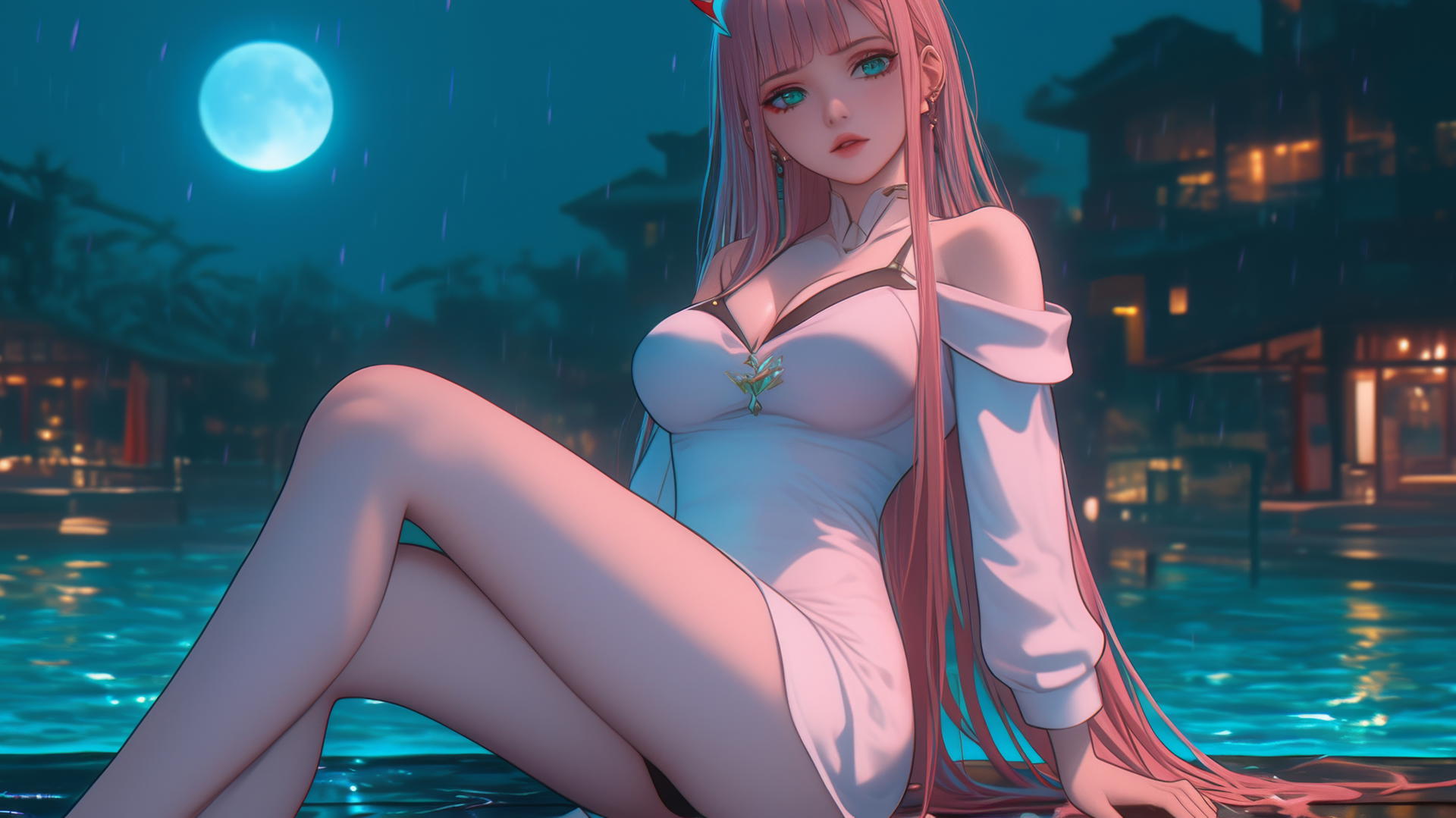 Zero Two resting by a rainy swimming pool, illuminated by moonlight, with long pink hair.