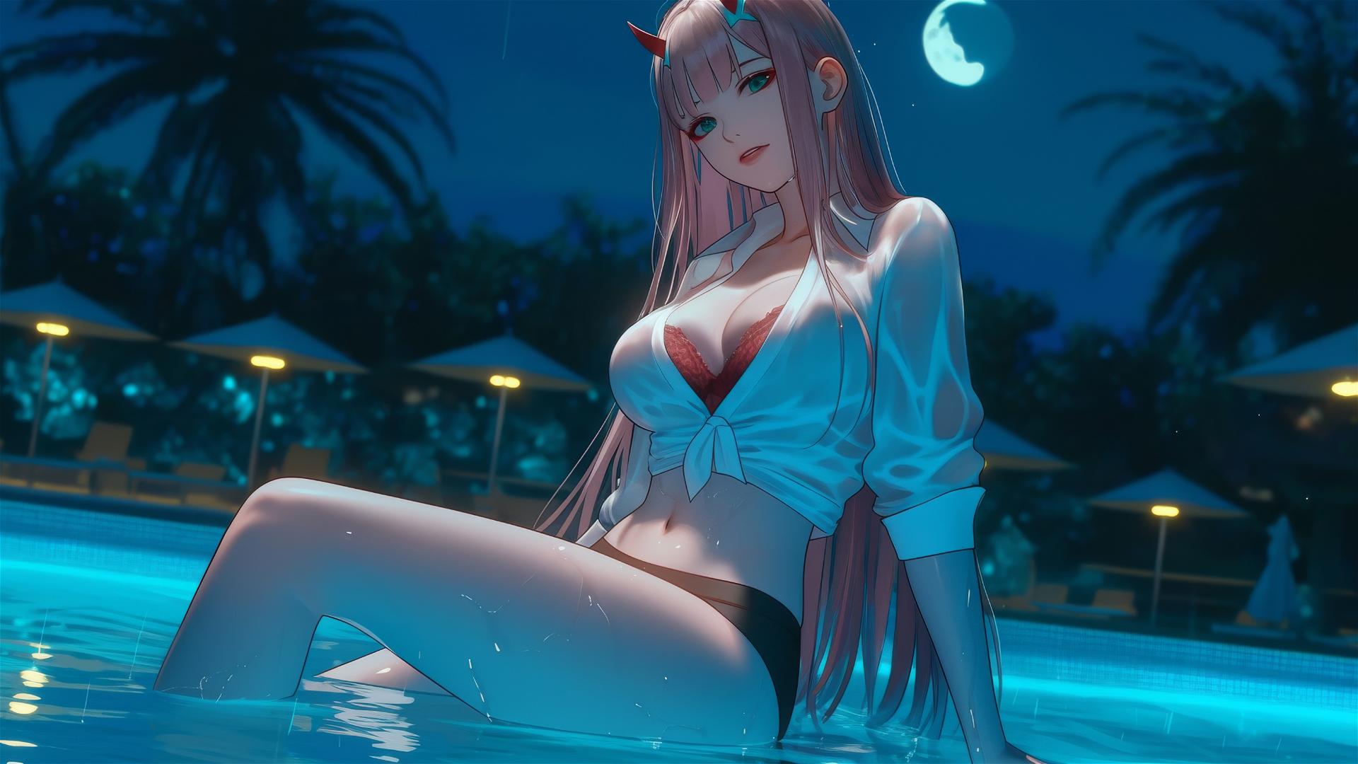Zero Two from DARLING in the FRANXX relaxing by a rainy swimming pool under moonlight