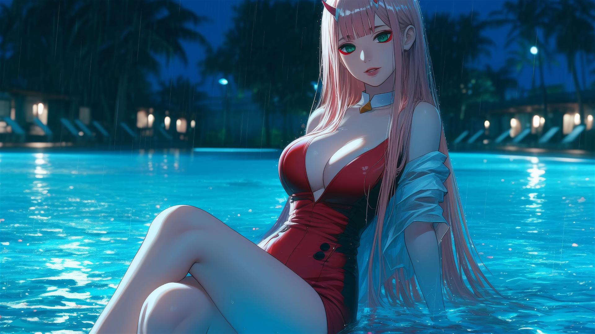 Zero Two from DARLING in the FRANXX resting by rainy swimming pool with moonlight