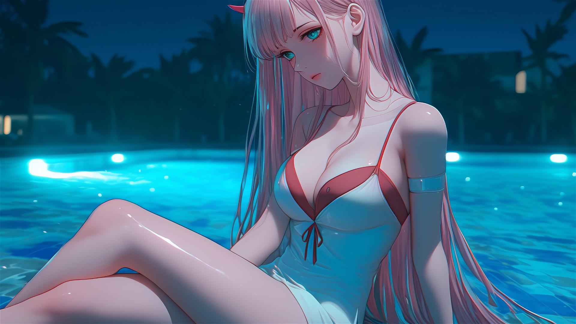 Zero Two from DARLING in the FRANXX resting by a rainy swimming pool with moonlight