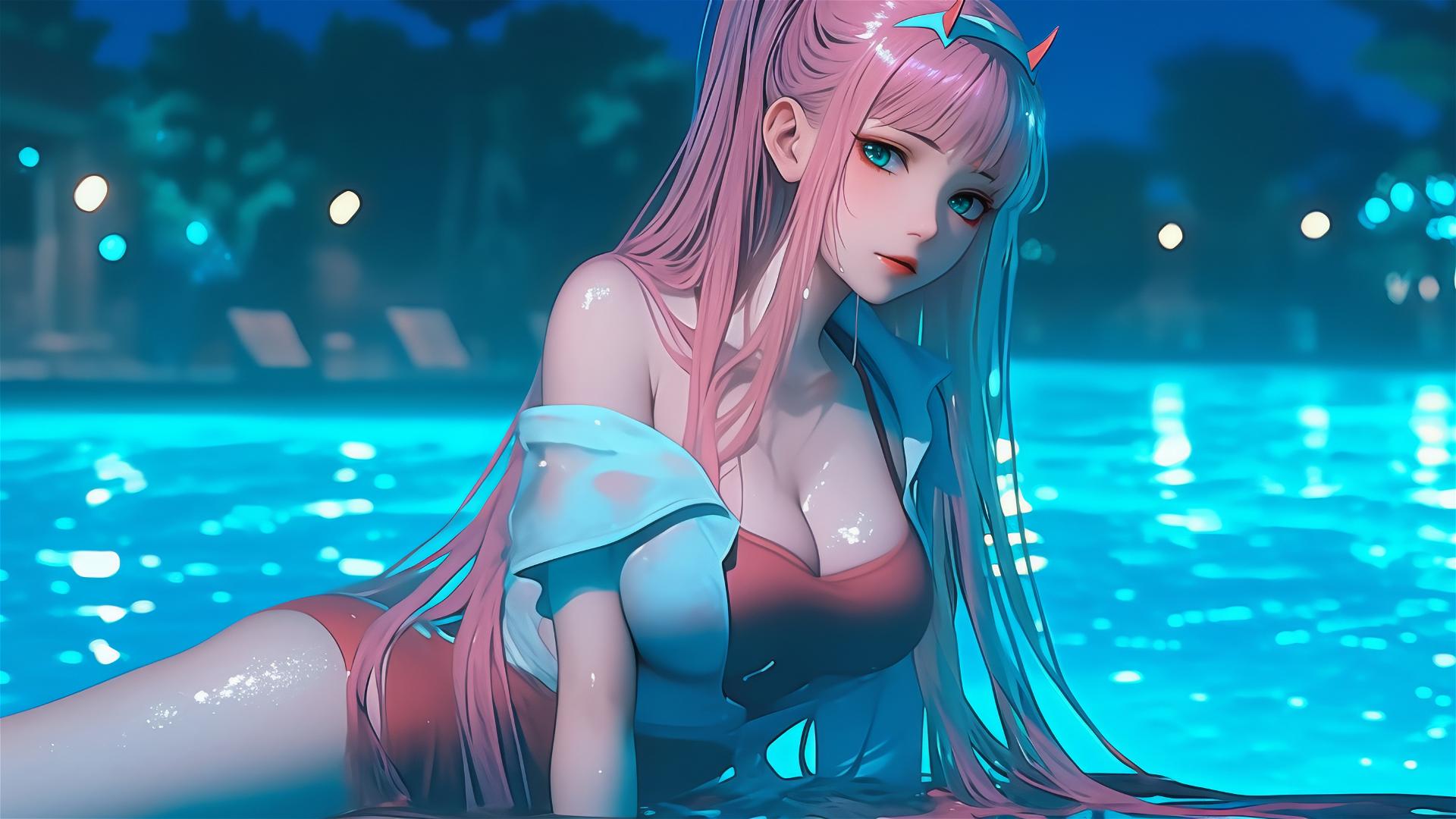 Zero Two from DARLING in the FRANXX resting by a rainy pool with moonlight and pink hair