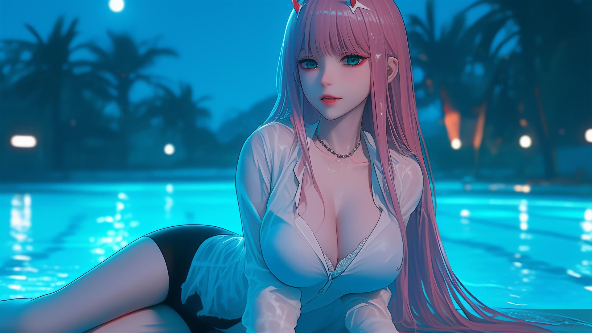 Zero Two from DARLING in the FRANXX resting by a rainy swimming pool at night, moonlight glow