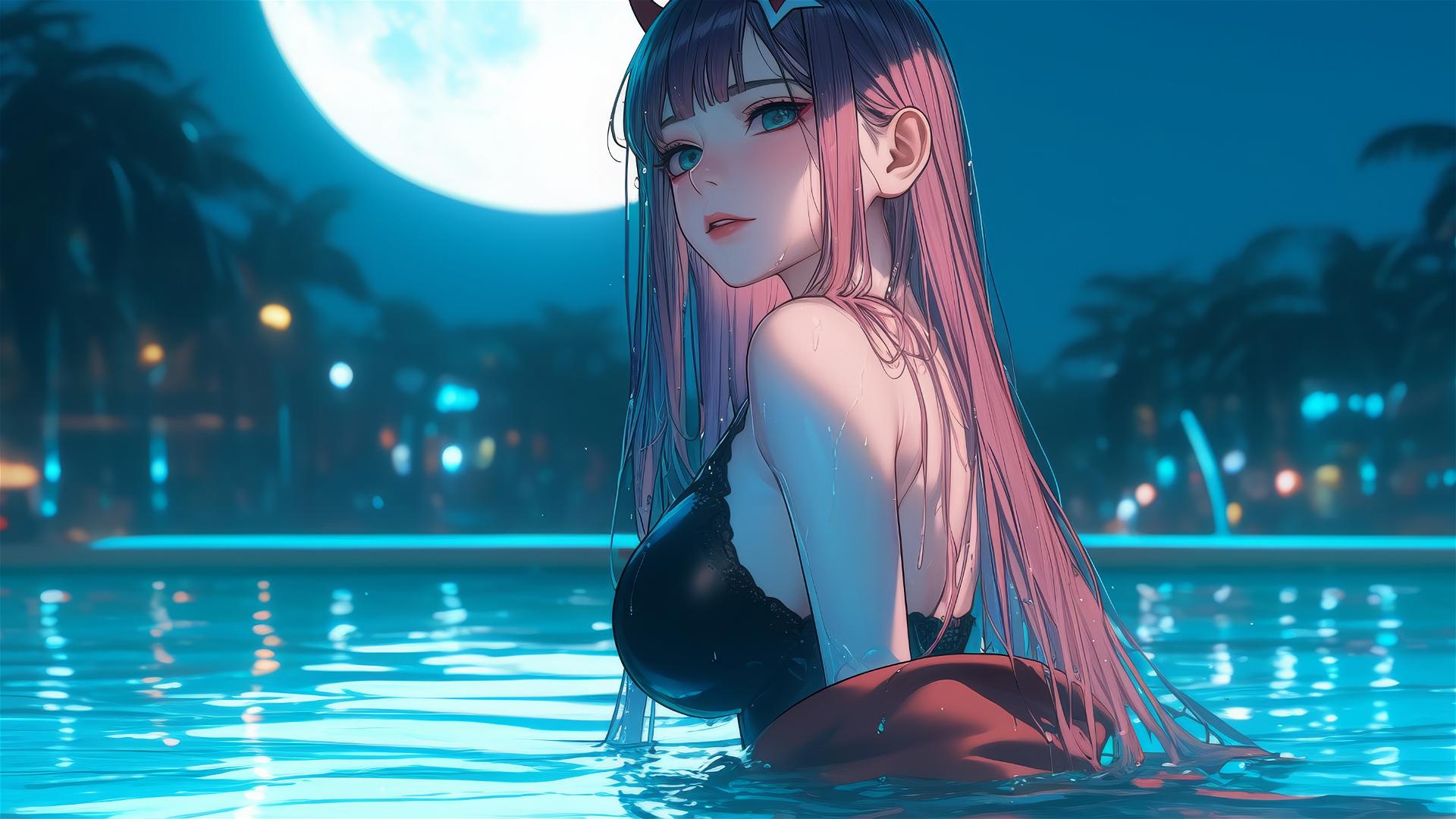 Zero Two from 'DARLING in the FRANXX' relaxing by a rainy pool under moonlight.