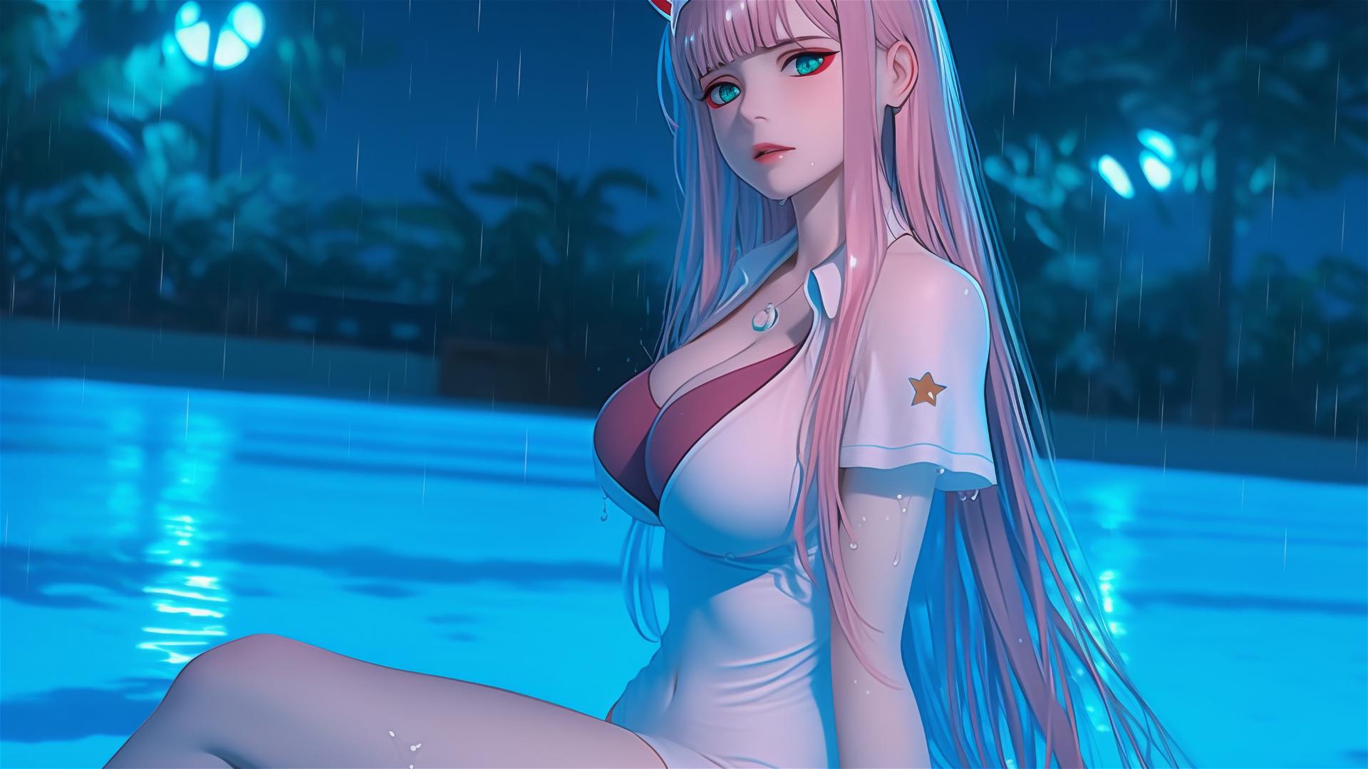 Zero Two from DARLING in the FRANXX resting by a rainy pool with long pink hair.