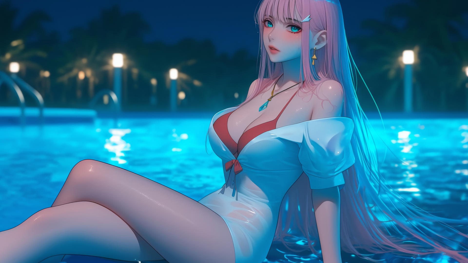 Zero Two from DARLING in the FRANXX resting by a rainy pool under moonlight.