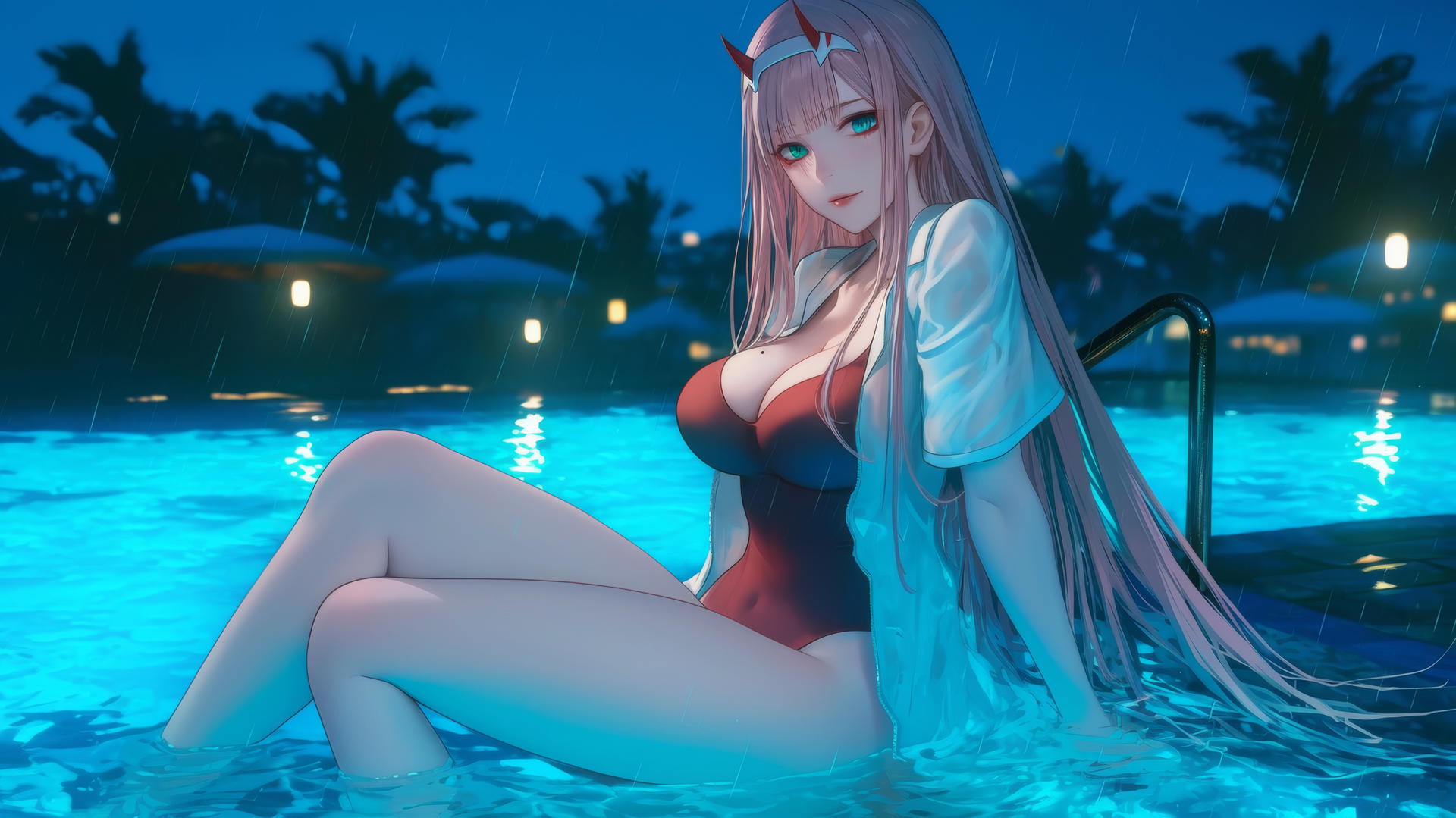 Zero Two from DARLING in the FRANXX resting by a rainy pool under moonlight