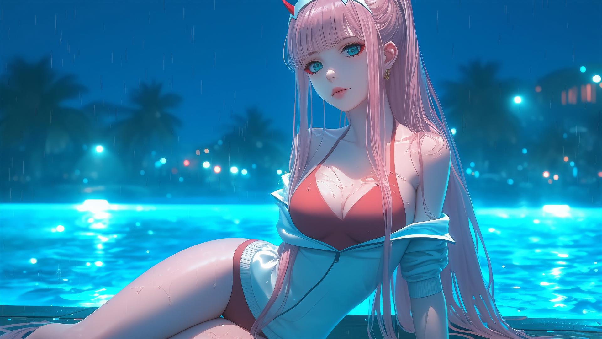 Zero Two from DARLING in the FRANXX resting by rainy pool, moonlight glow
