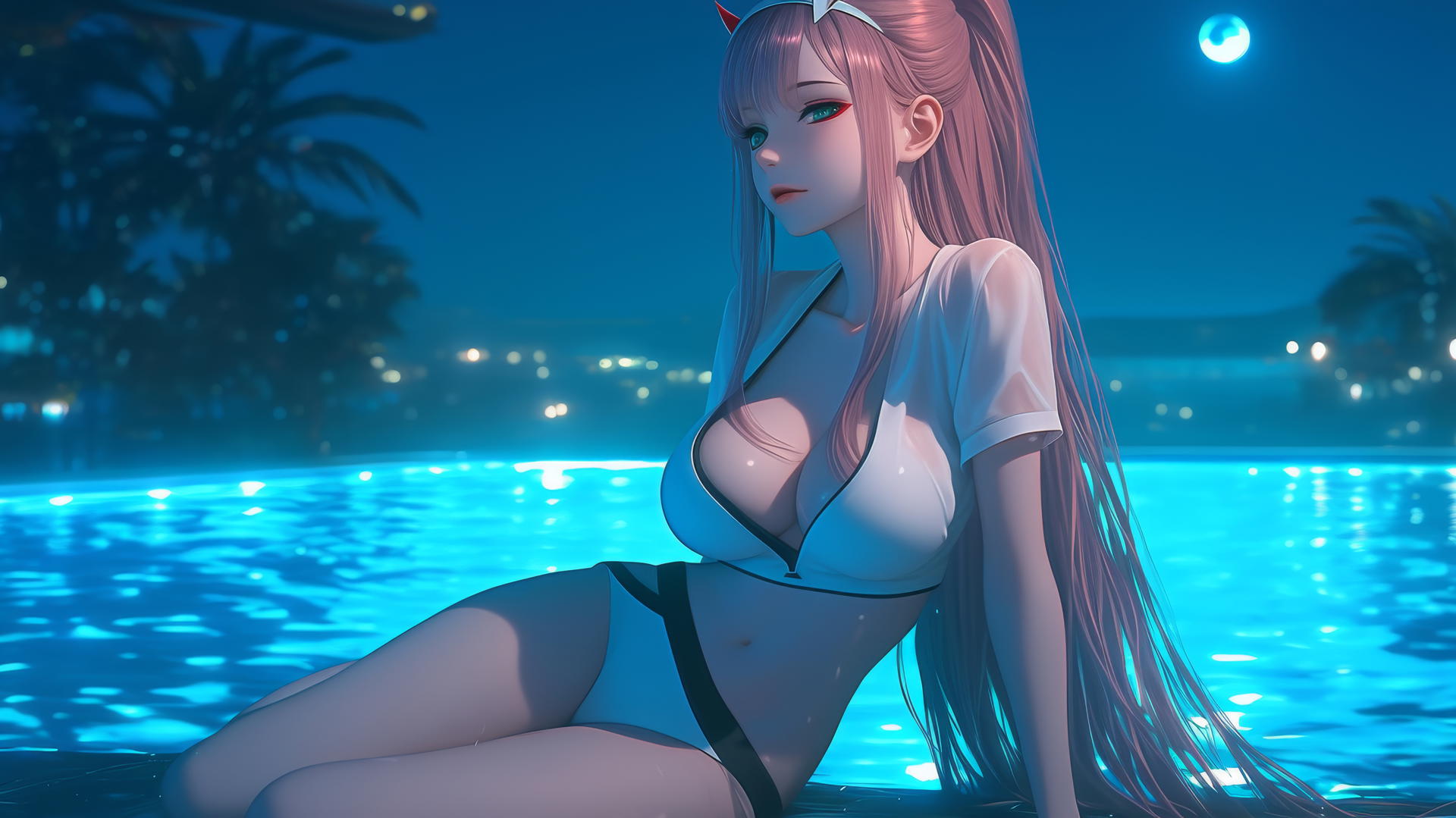 Zero Two from DARLING in the FRANXX resting by a rainy swimming pool, moonlight glow
