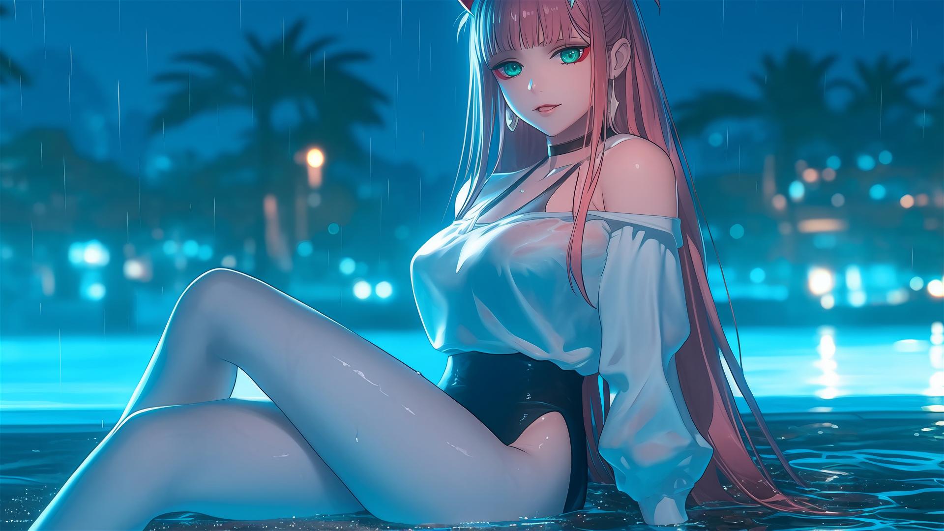 Zero Two from DARLING in the FRANXX resting by a rainy pool with moonlight glow