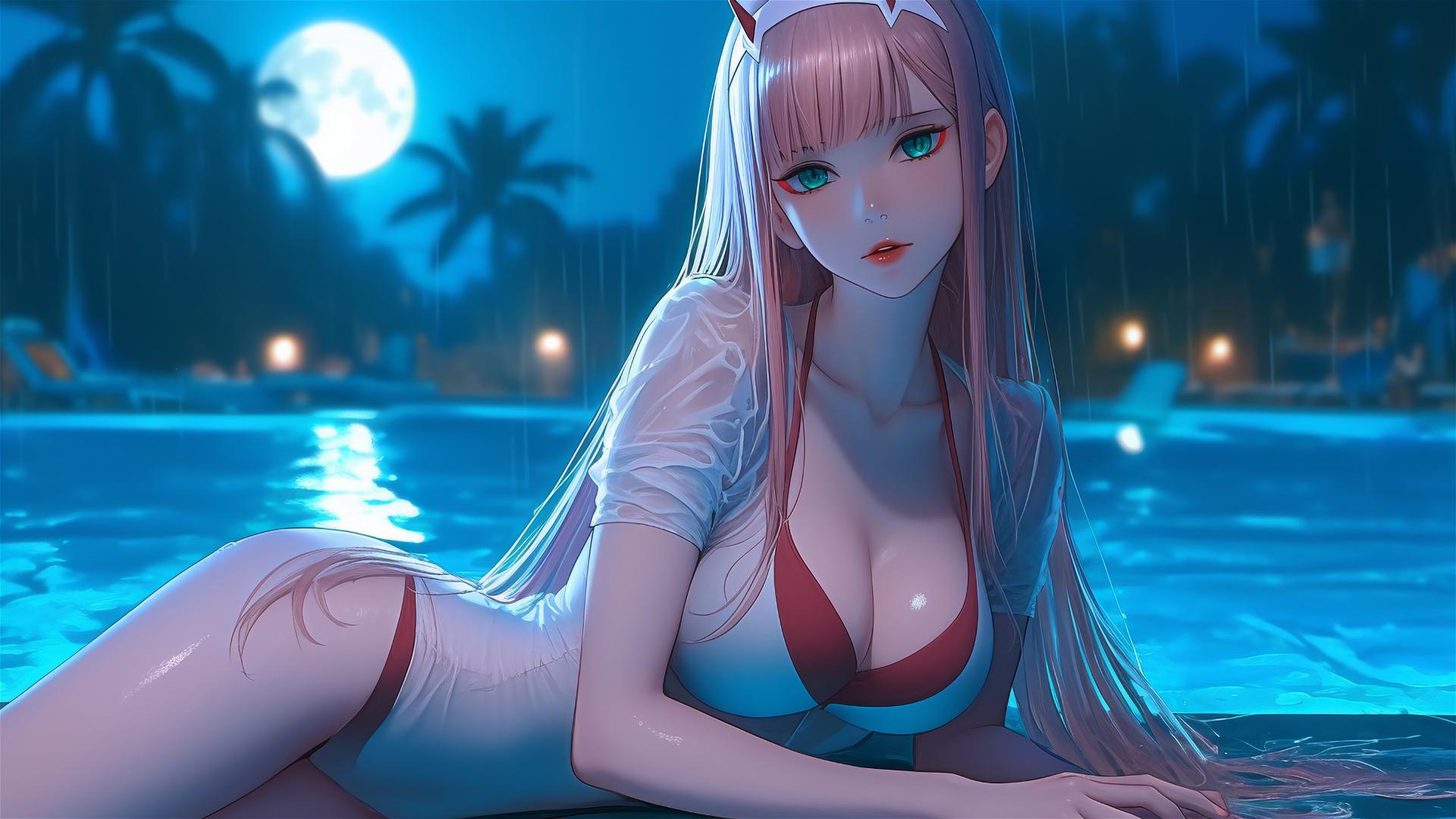 Zero Two from DARLING in the FRANXX rests by a rainy pool under moonlight