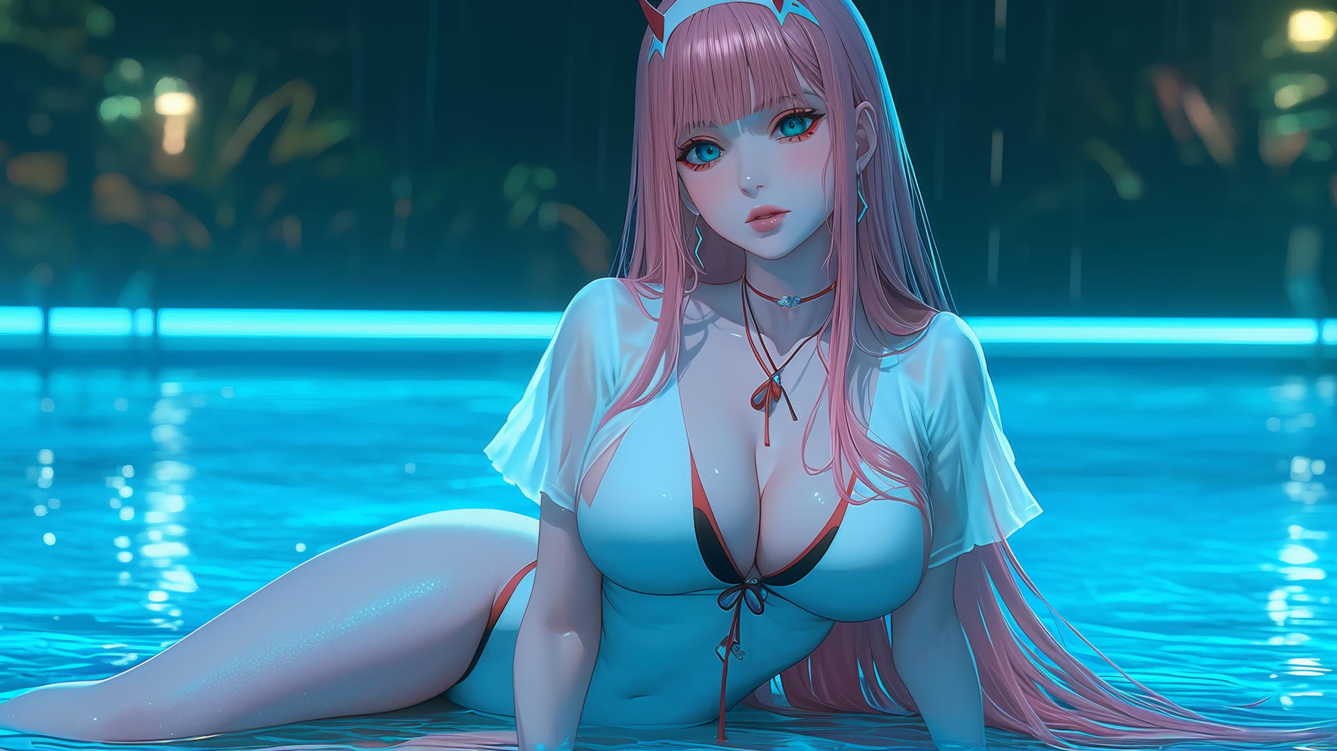 Zero Two from DARLING in the FRANXX resting by a rainy pool under moonlight.