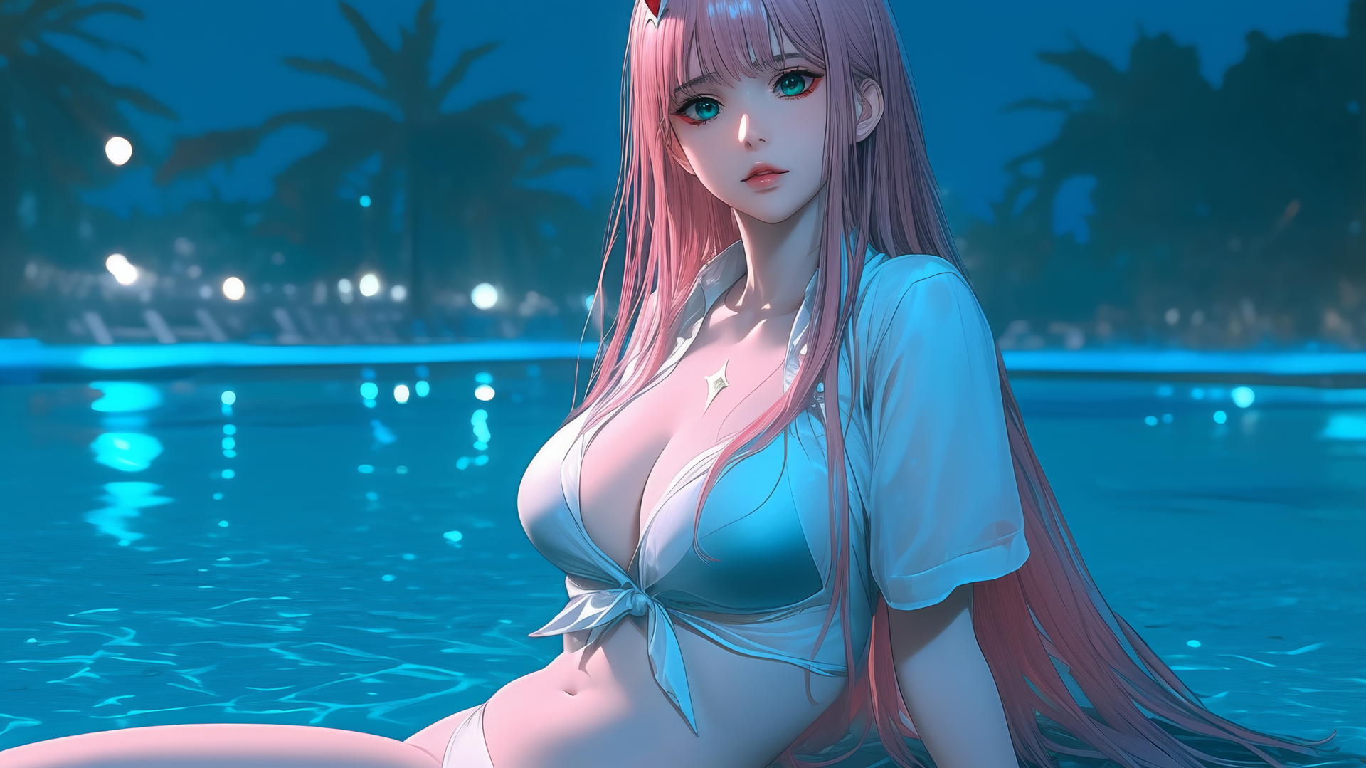 Zero Two from DARLING in the FRANXX resting by a rainy pool under moonlight.