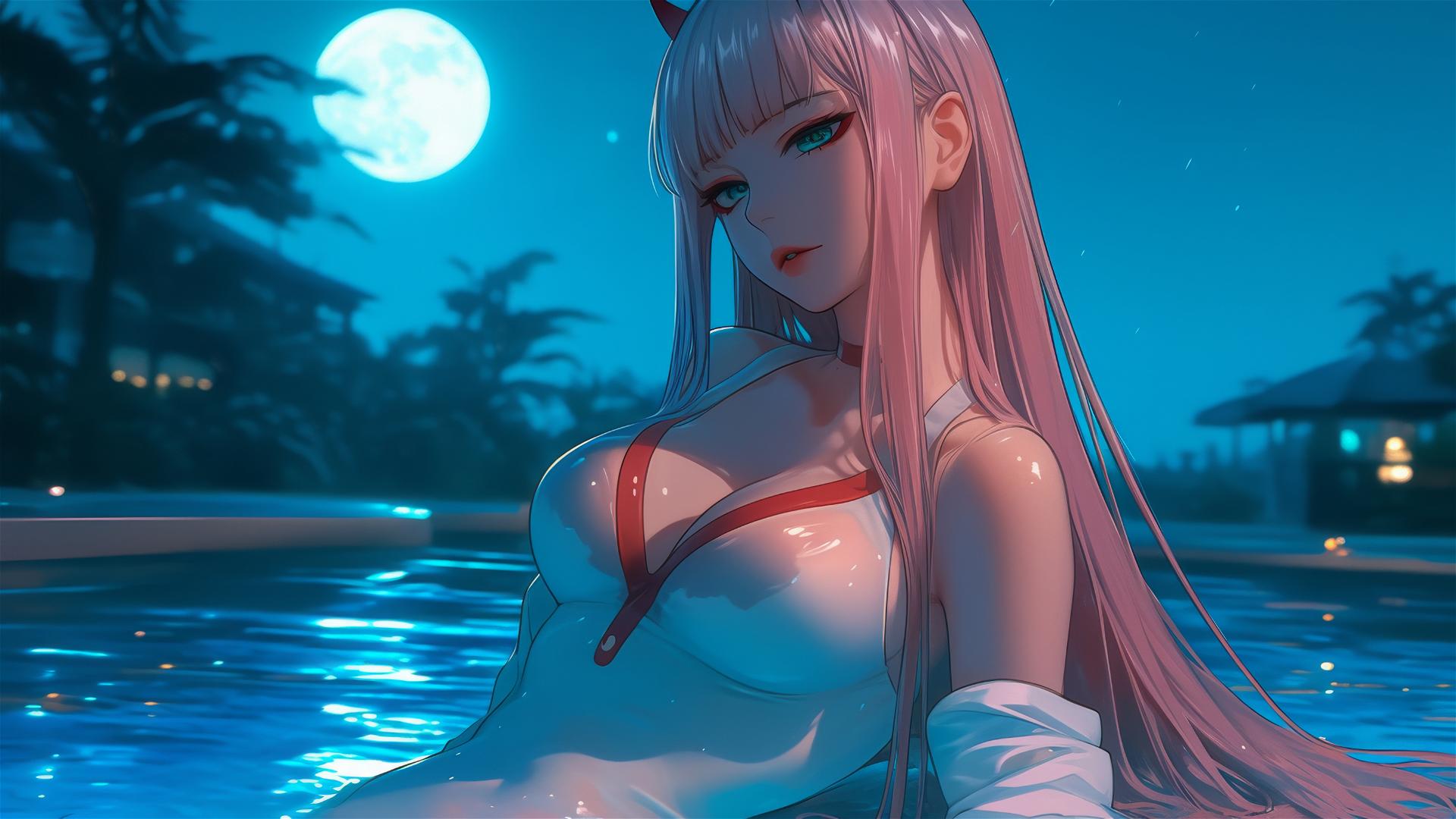 Zero Two from DARLING in the FRANXX resting by a rainy swimming pool under moonlight.