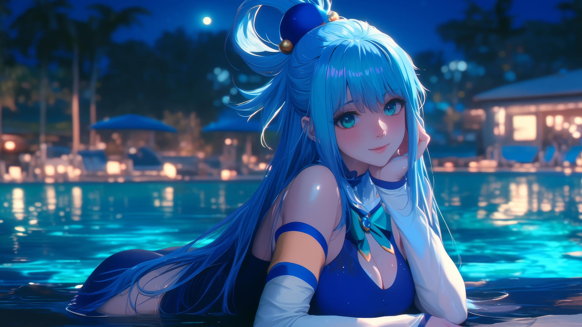 Aqua from KonoSuba resting by a rainy swimming pool in the moonlight