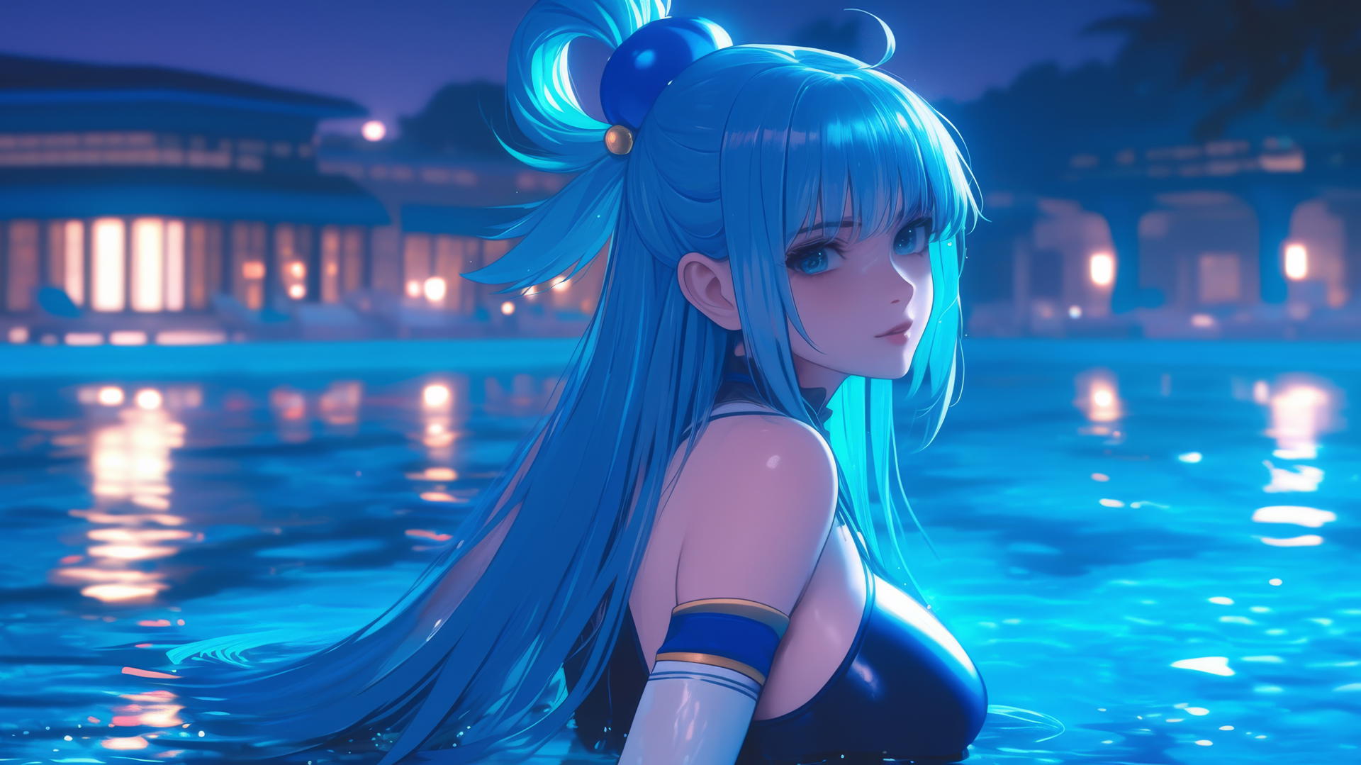 Aqua from KonoSuba resting by a rainy swimming pool under moonlight