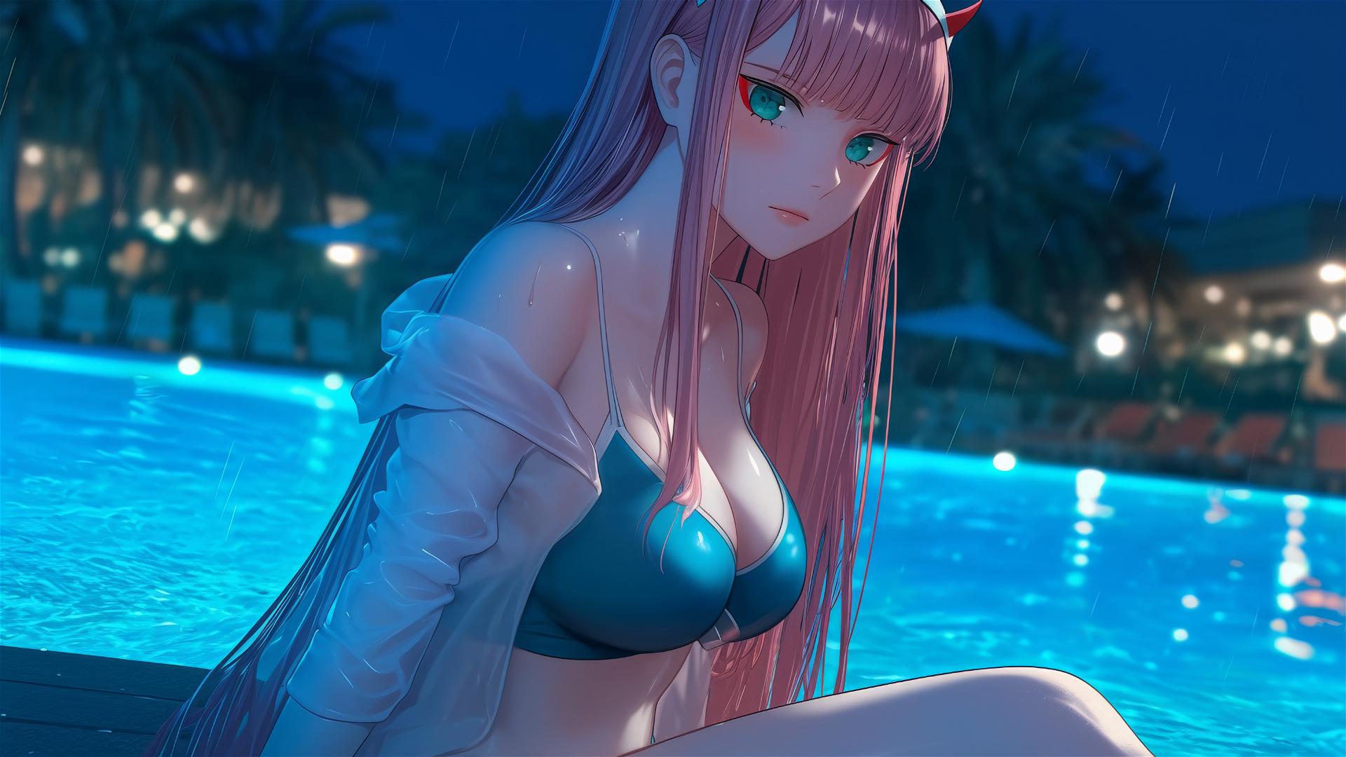 Zero Two from DARLING in the FRANXX resting by a rainy swimming pool with moonlight illuminating her.