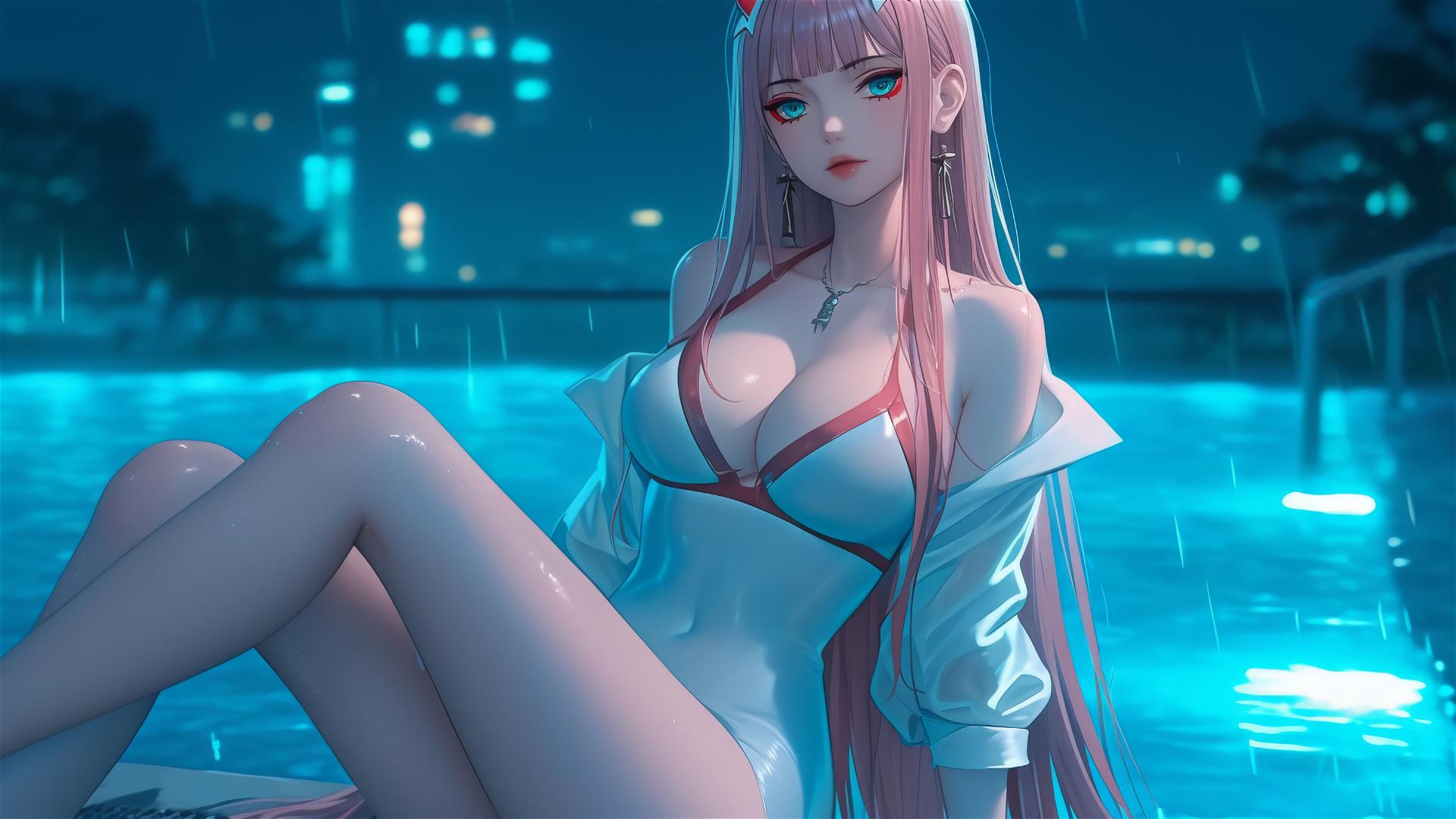 Zero Two from DARLING in the FRANXX resting by a rainy swimming pool, moonlight glow