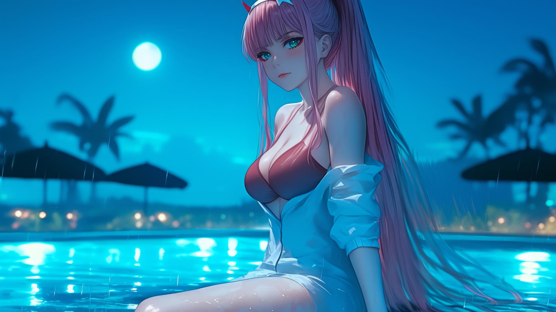 Zero Two from DARLING in the FRANXX resting by a rainy pool under moonlight.
