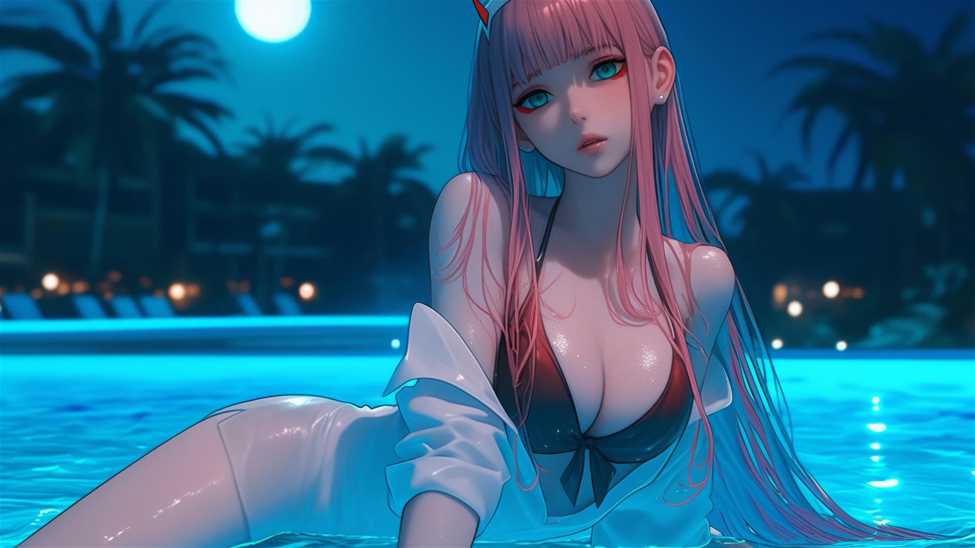 Zero Two from DARLING in the FRANXX lounging by a rainy pool, moonlight glow, long pink hair