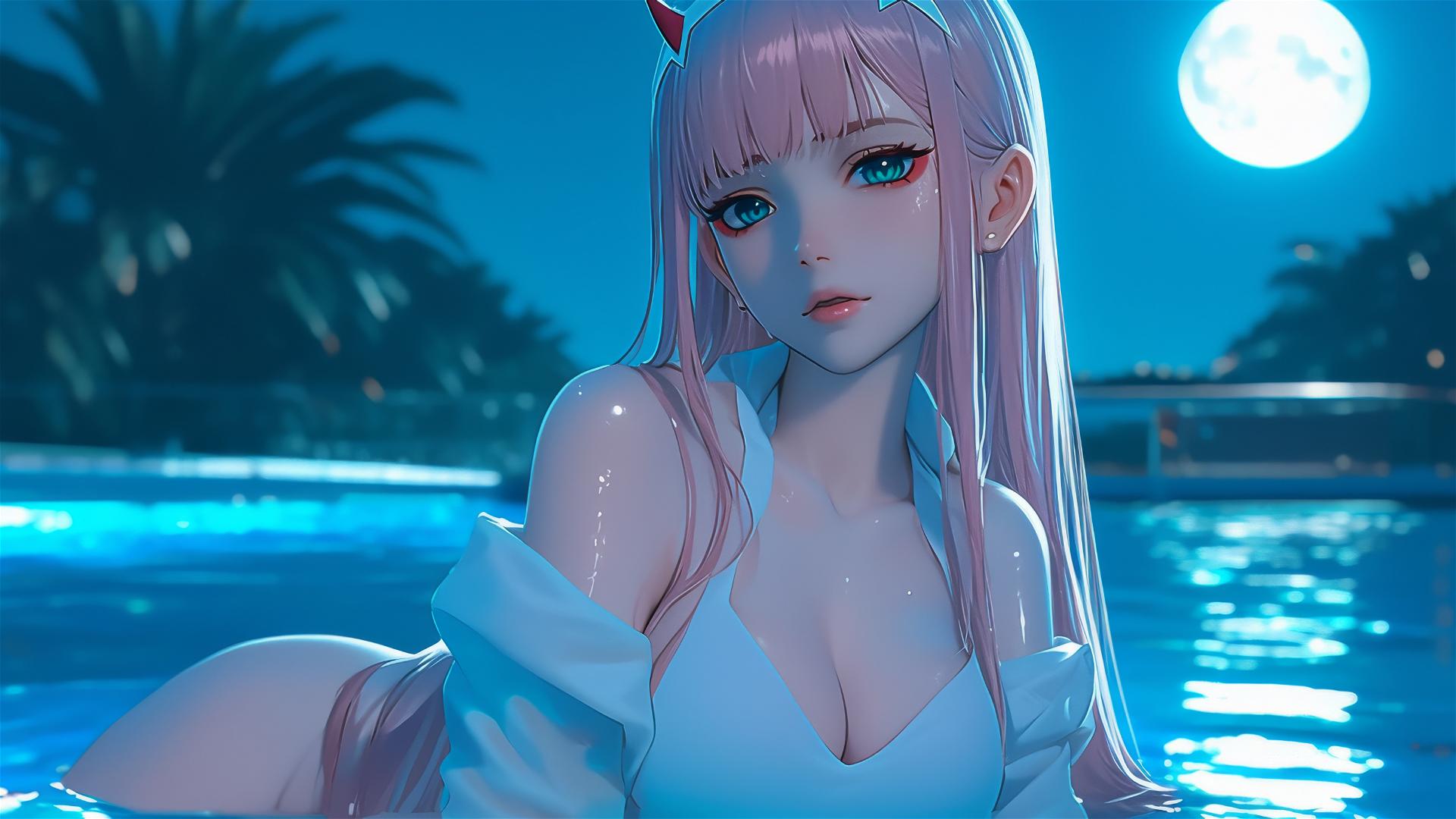 Zero Two from DARLING in the FRANXX resting by a rainy swimming pool under moonlight with long pink hair.