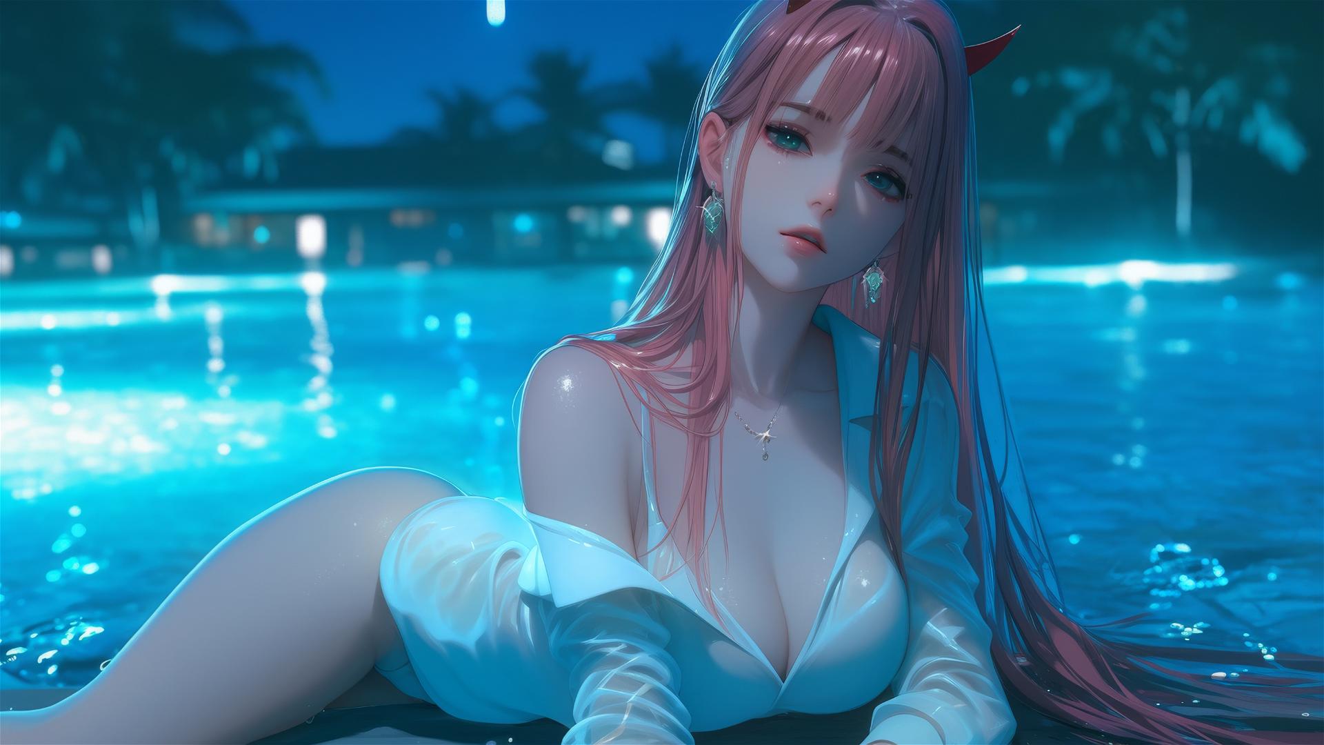 Zero Two from DARLING in the FRANXX resting by a rainy pool with moonlight.