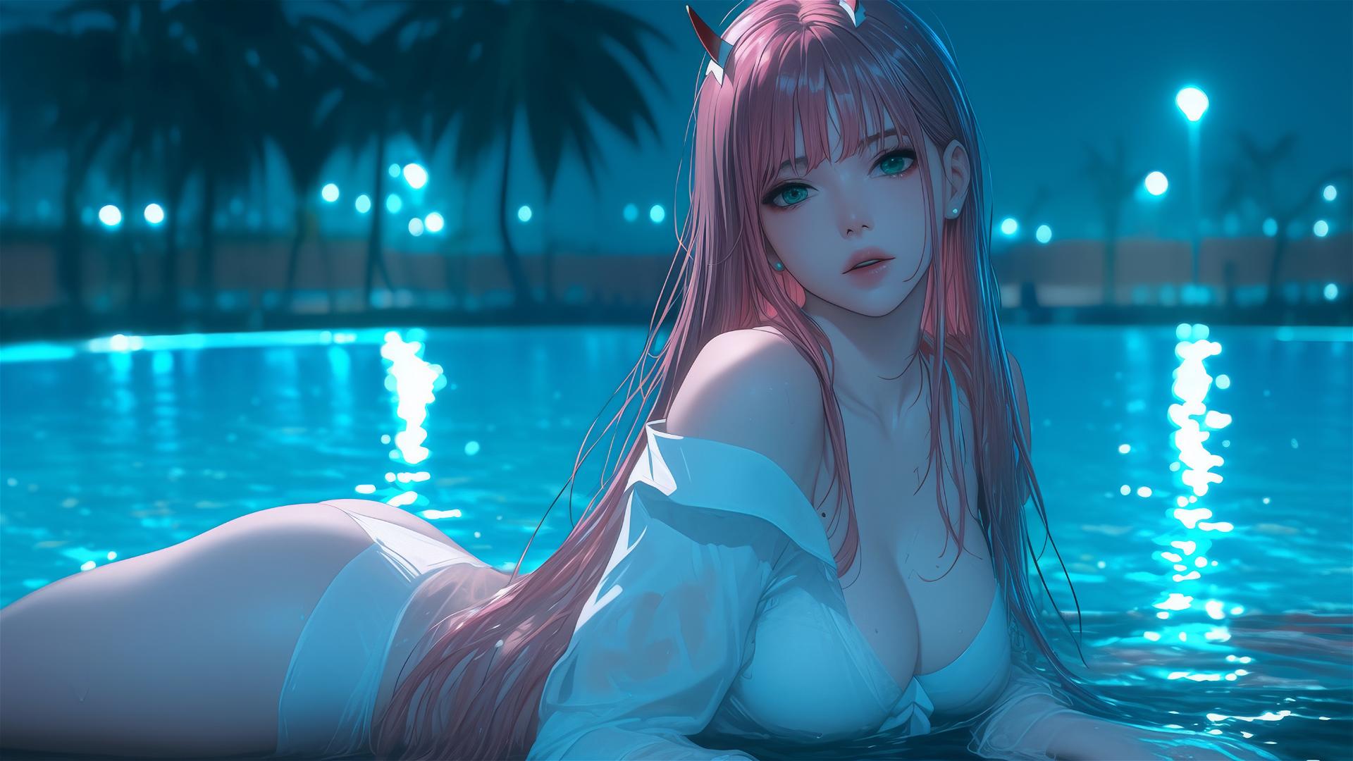 Zero Two from DARLING in the FRANXX resting by rainy swimming pool under moonlight with long pink hair.