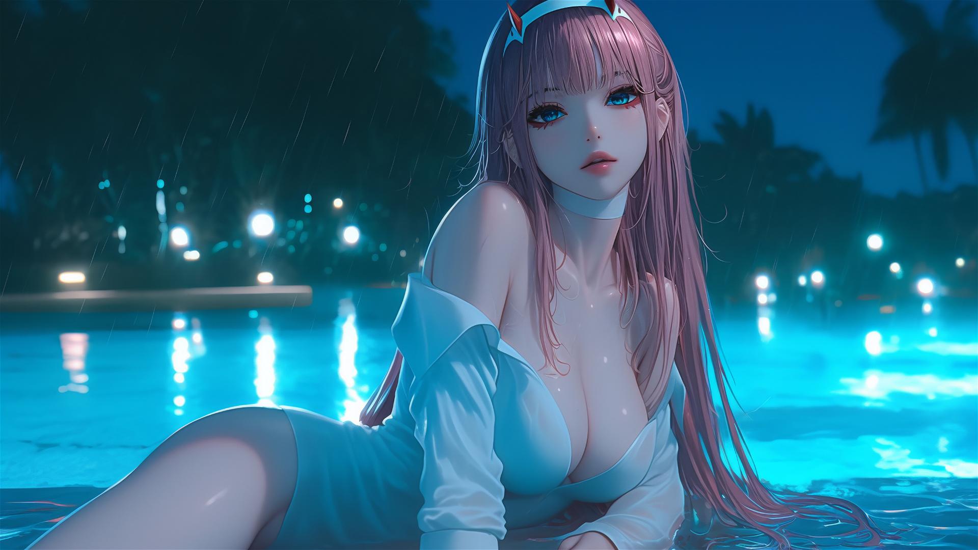 Zero Two from DARLING in the FRANXX resting by a rainy swimming pool with moonlight glow