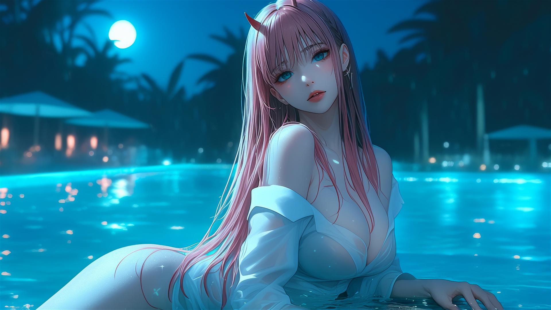 Zero Two from DARLING in the FRANXX resting by a rainy pool under moonlight