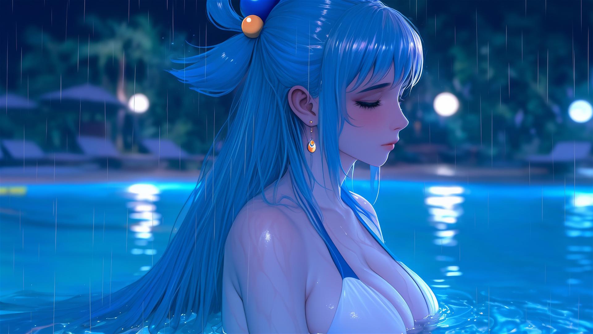 Aqua from KonoSuba resting by a rainy swimming pool under moonlight