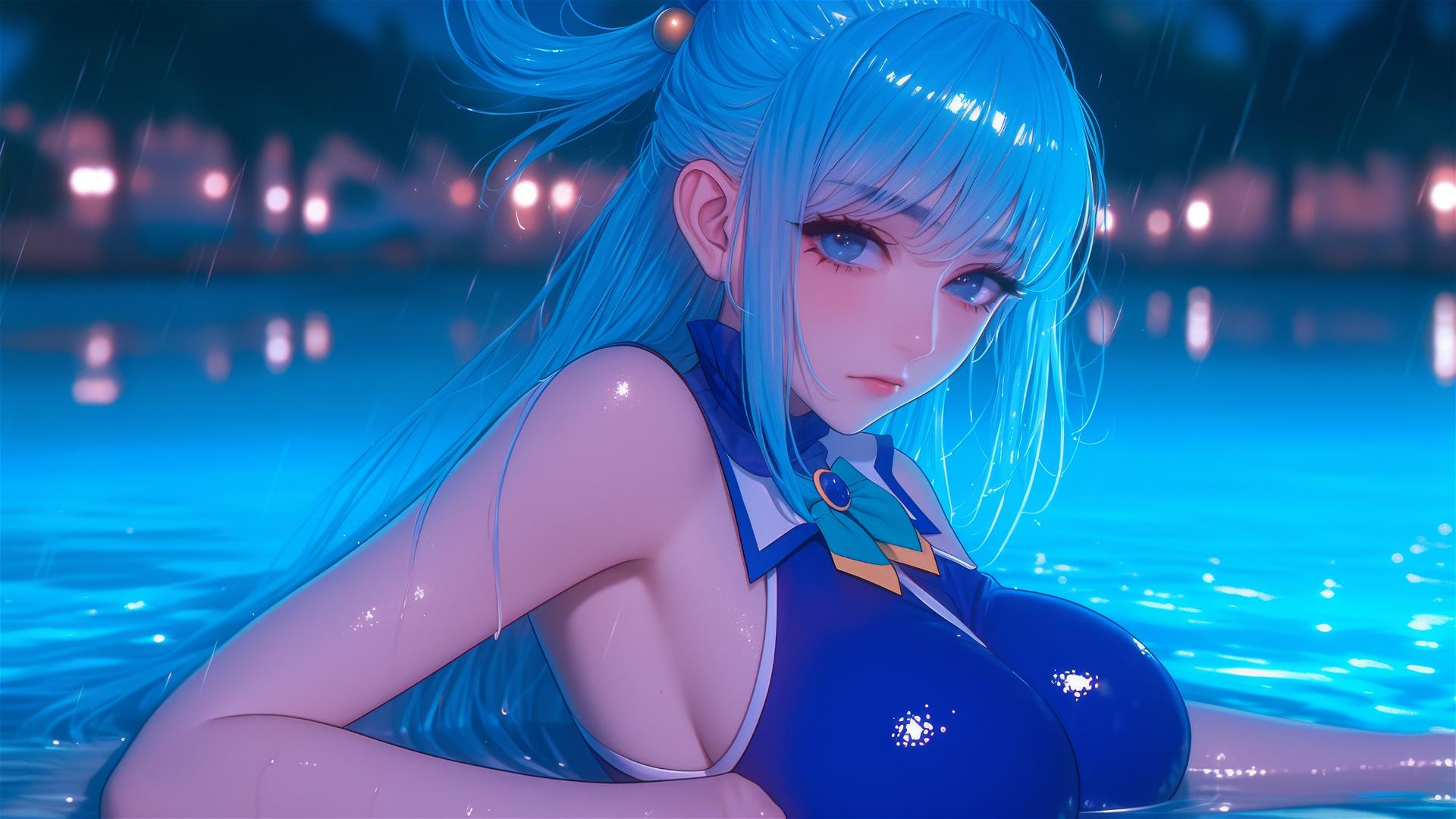 Aqua from KonoSuba resting by a rainy swimming pool, illuminated by moonlight.